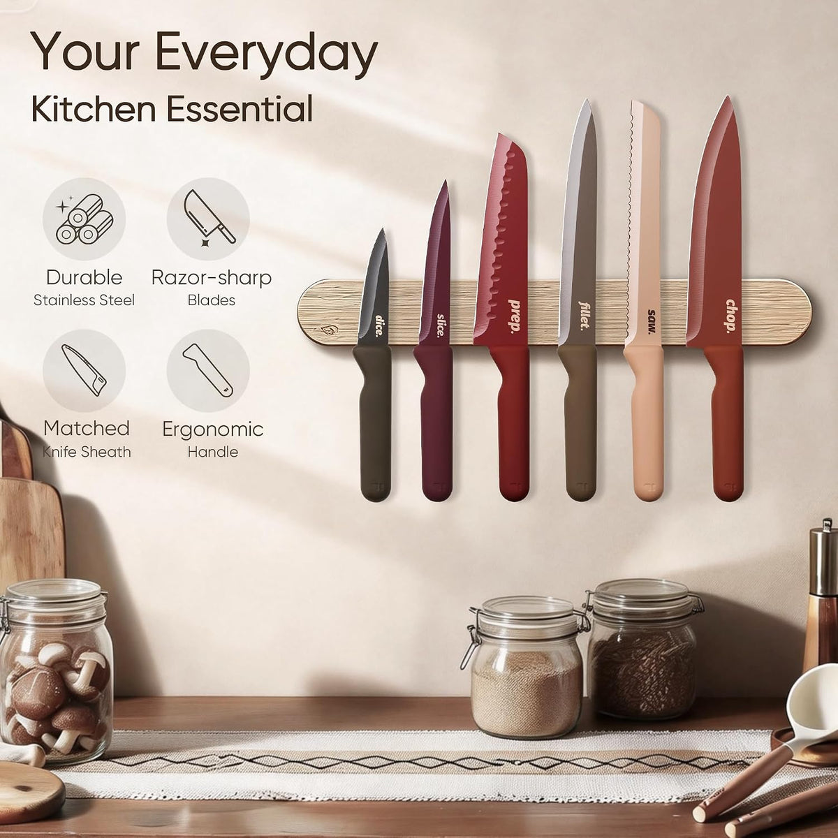 CAROTE - Juego de cuchillos de cocina, 6 cuchillos florales con 6 p...