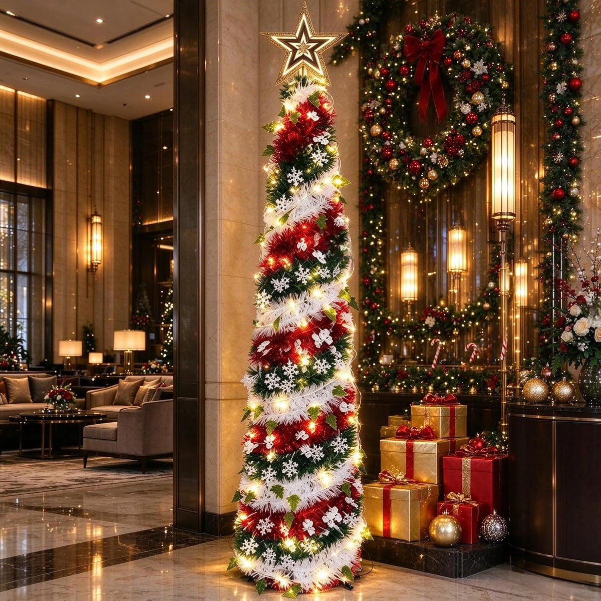Árbol de Navidad de oropel de 5 pies con 50 luces LED cálidas, pleg...