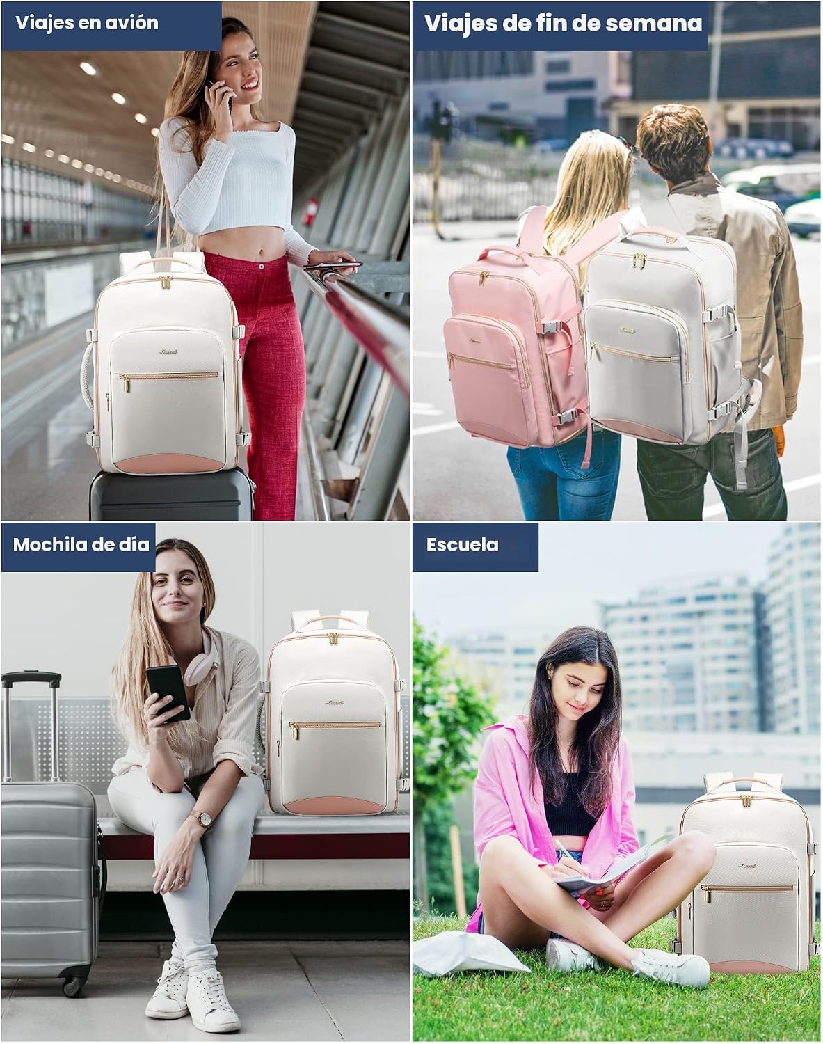 LOVEVOOK Mochila de viaje de 40L aprobada para vuelo, 3 cubos de em...