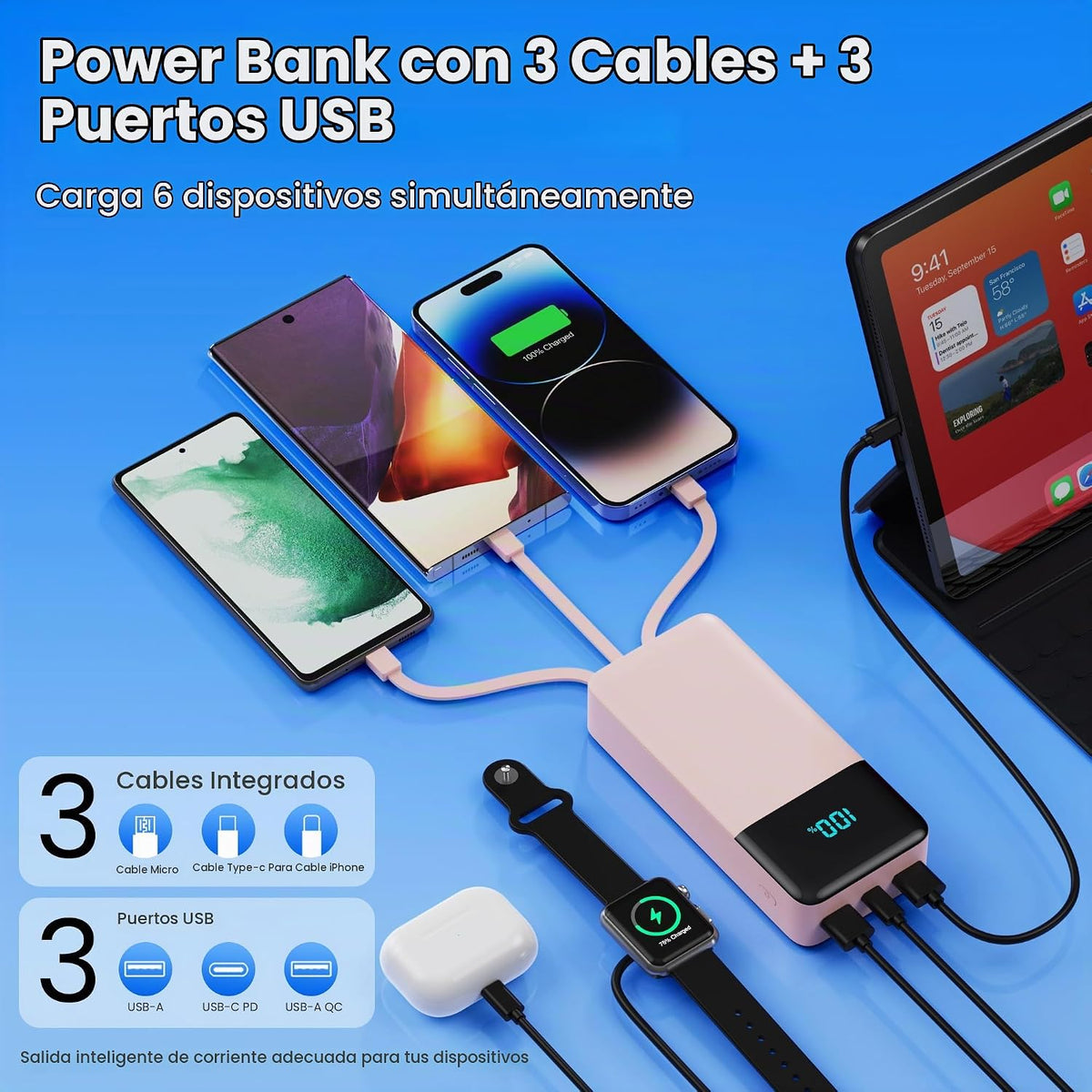 Cargador portátil de 50800 mAh con 3 cables integrados, 25 W PD QC4...