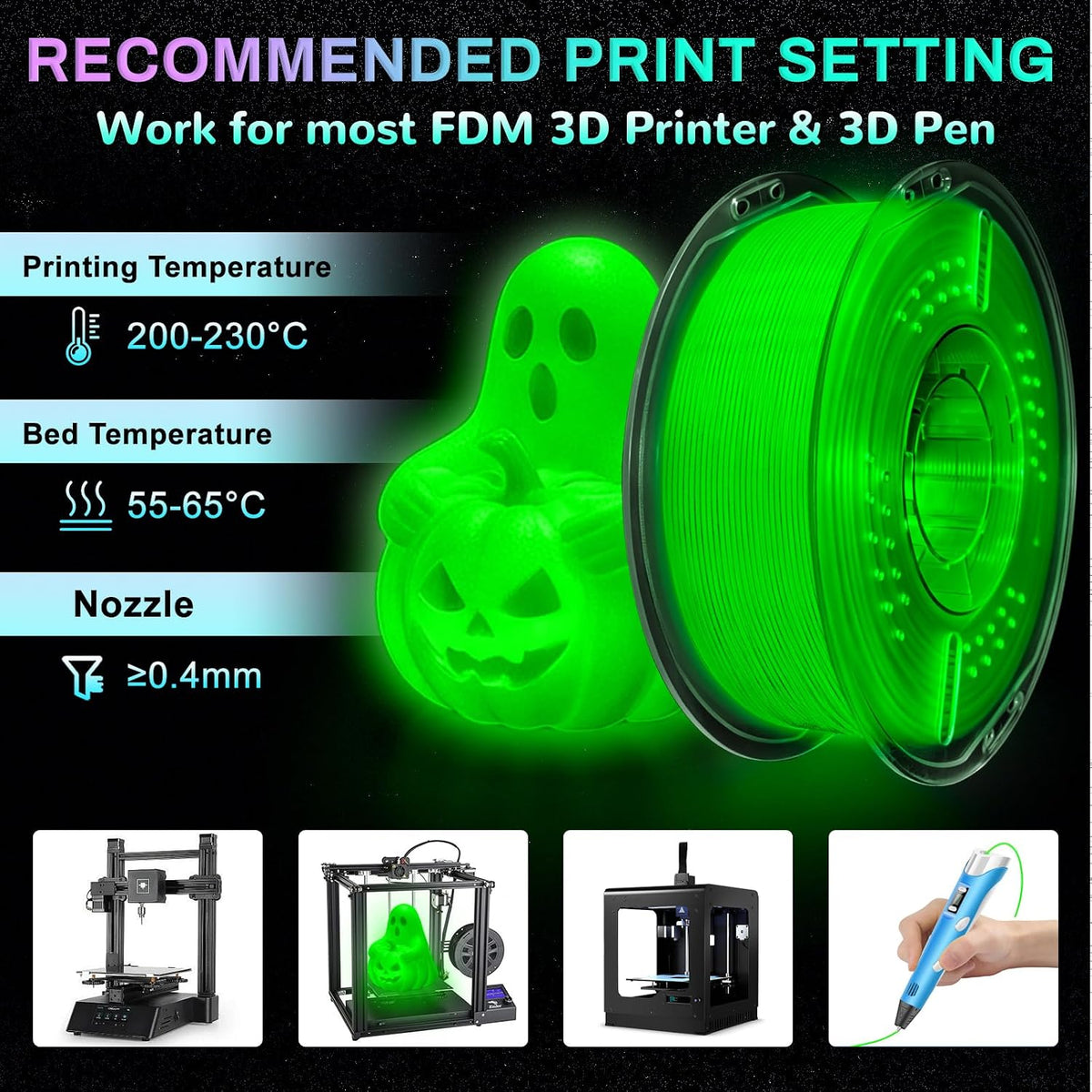 Frucindra Filamento de impresora 3D PLA+ que brilla en la oscuridad...