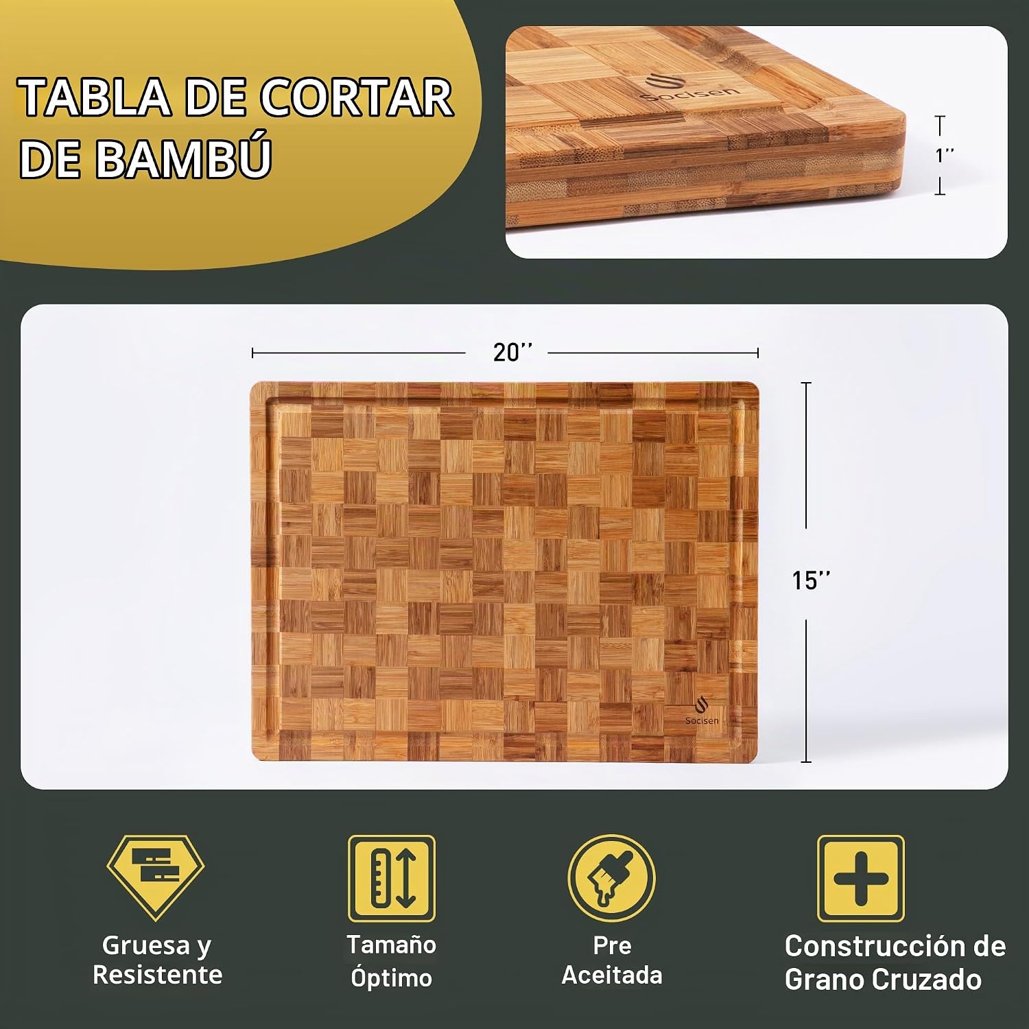 Tabla de Cortar Extra Grande de Bambú Antideslizante para Sobre el...