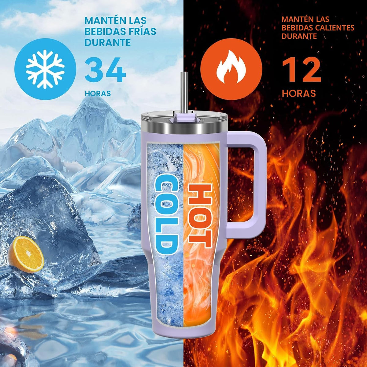 Vaso de 40 onzas con asa, vaso con tapa y popote, taza aislada de d...
