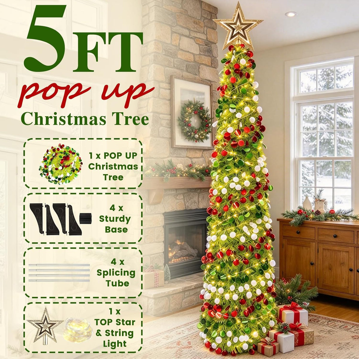 Árbol de Navidad de oropel de 5 pies con 50 luces LED cálidas, pleg...