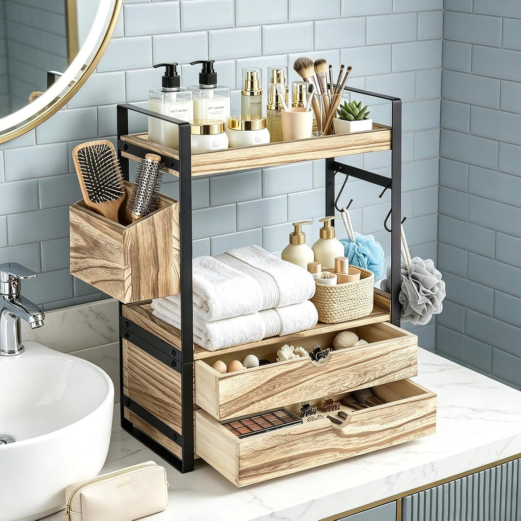 Organizador de encimera de baño de 2 niveles con 2 cajones, cesta y...