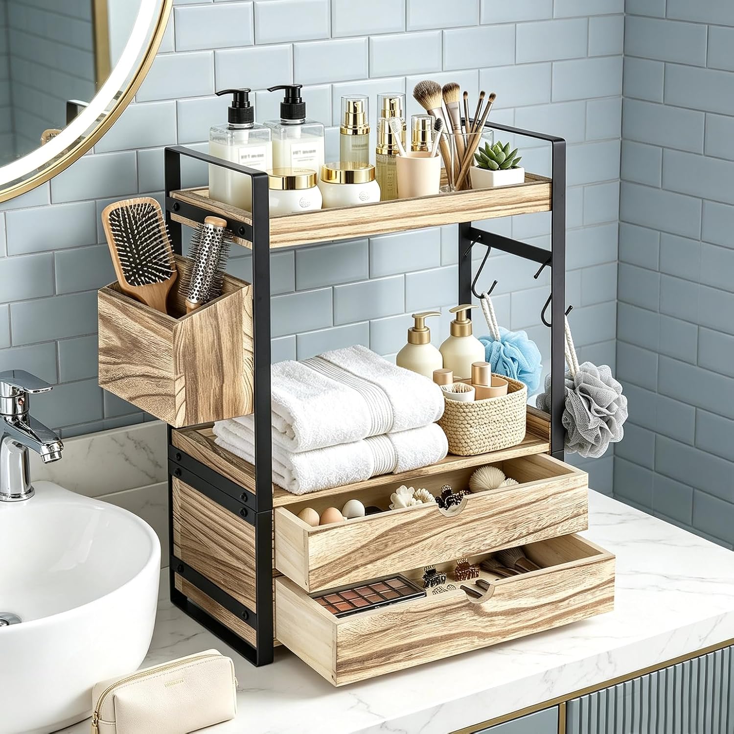 Organizador de encimera de baño de 2 niveles con 2 cajones, cesta y...