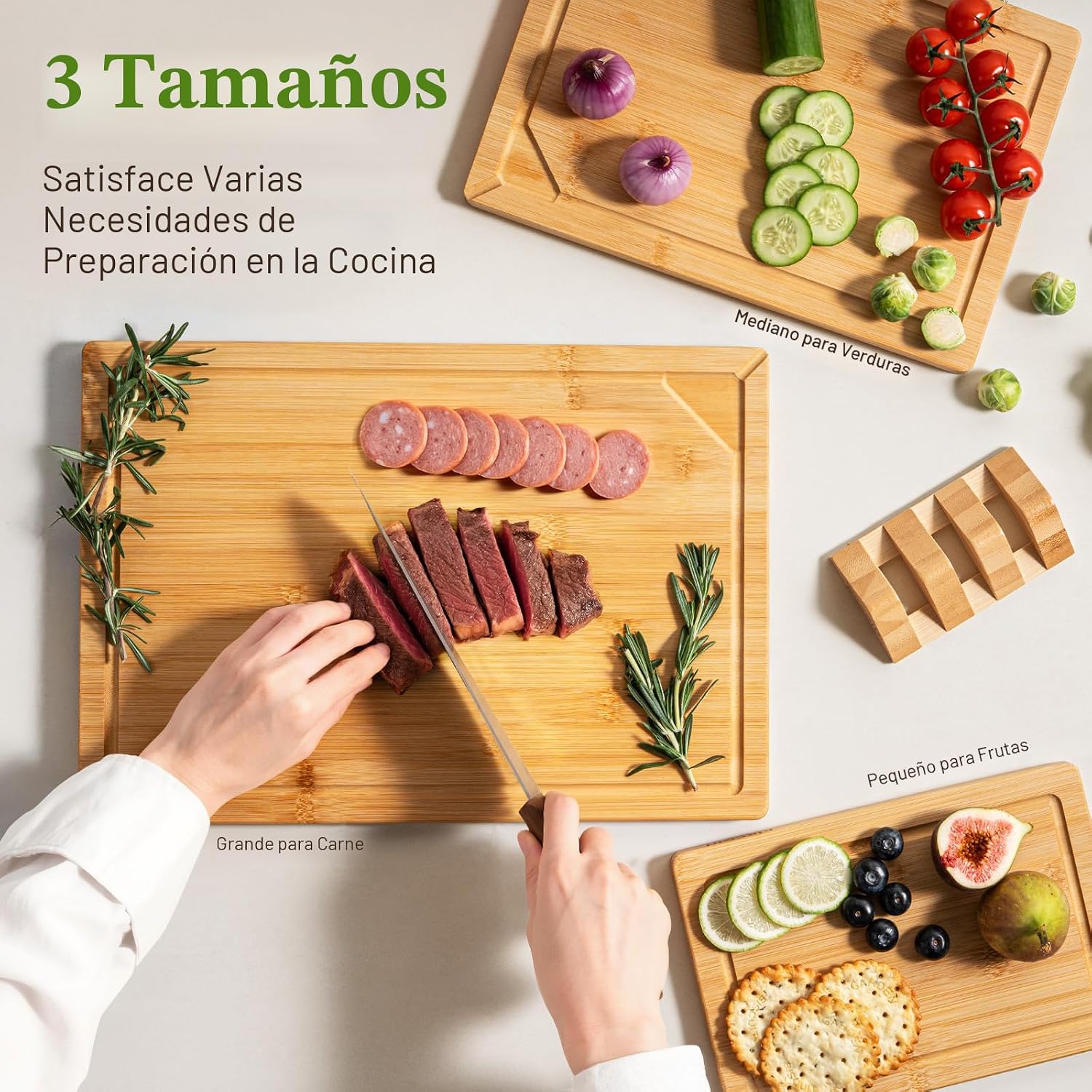 Kikcoin 3+1 tablas de cortar de bambú autodrenantes, tablas de cort...