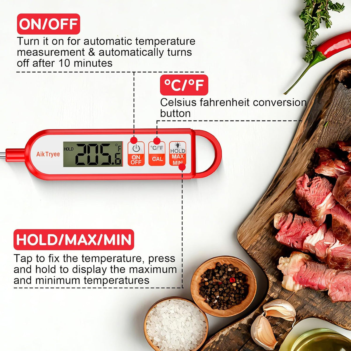AikTryee Termómetro digital de lectura instantánea para carne, coci...