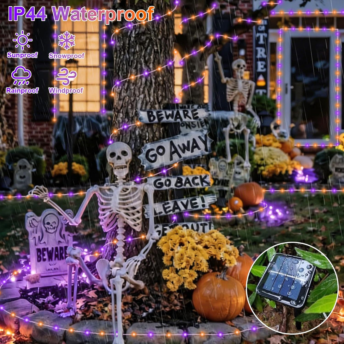 QITONG Luces solares de Halloween naranjas y moradas, 66 pies, 200...