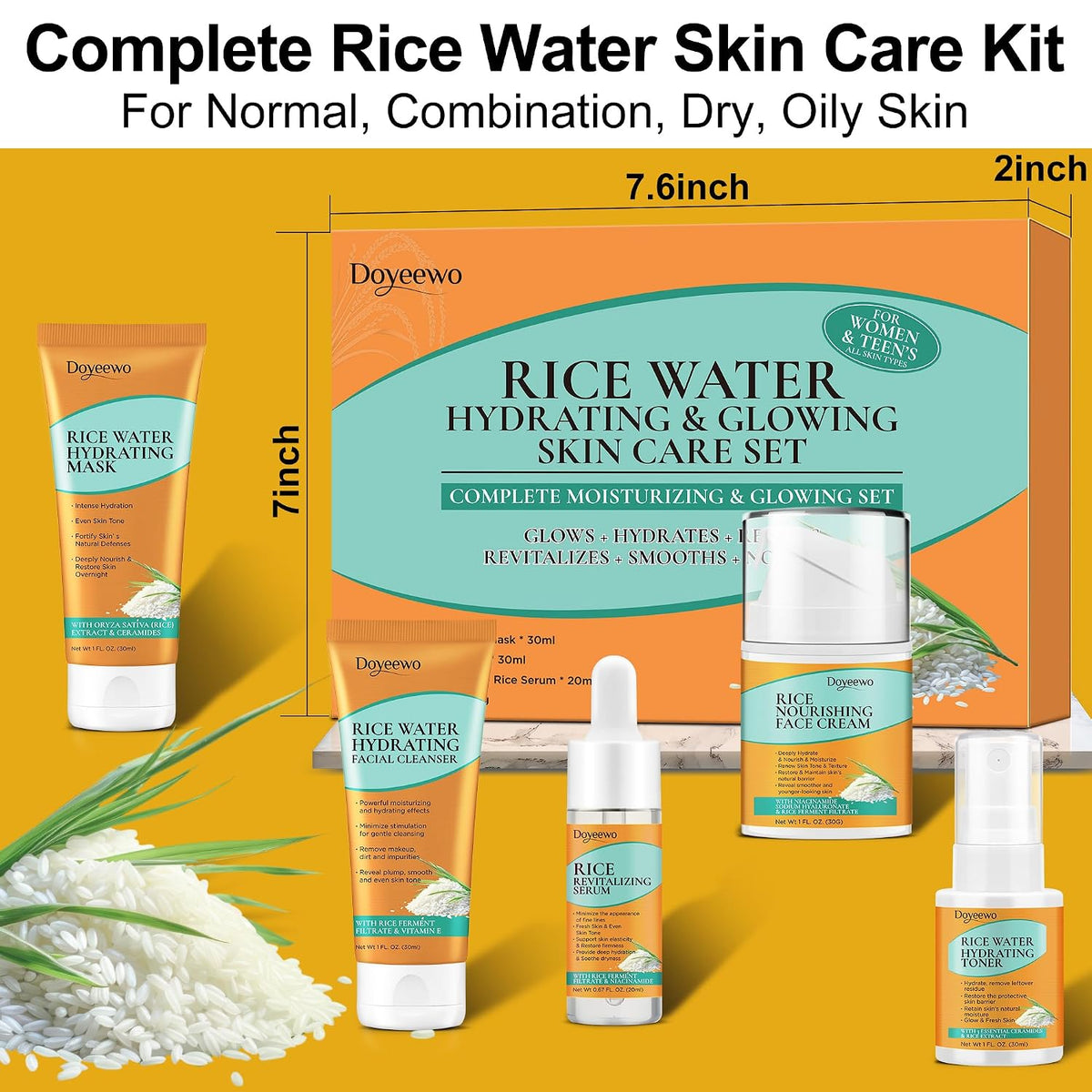 Set de cuidado de la piel con extracto de arroz coreano para hidrat...