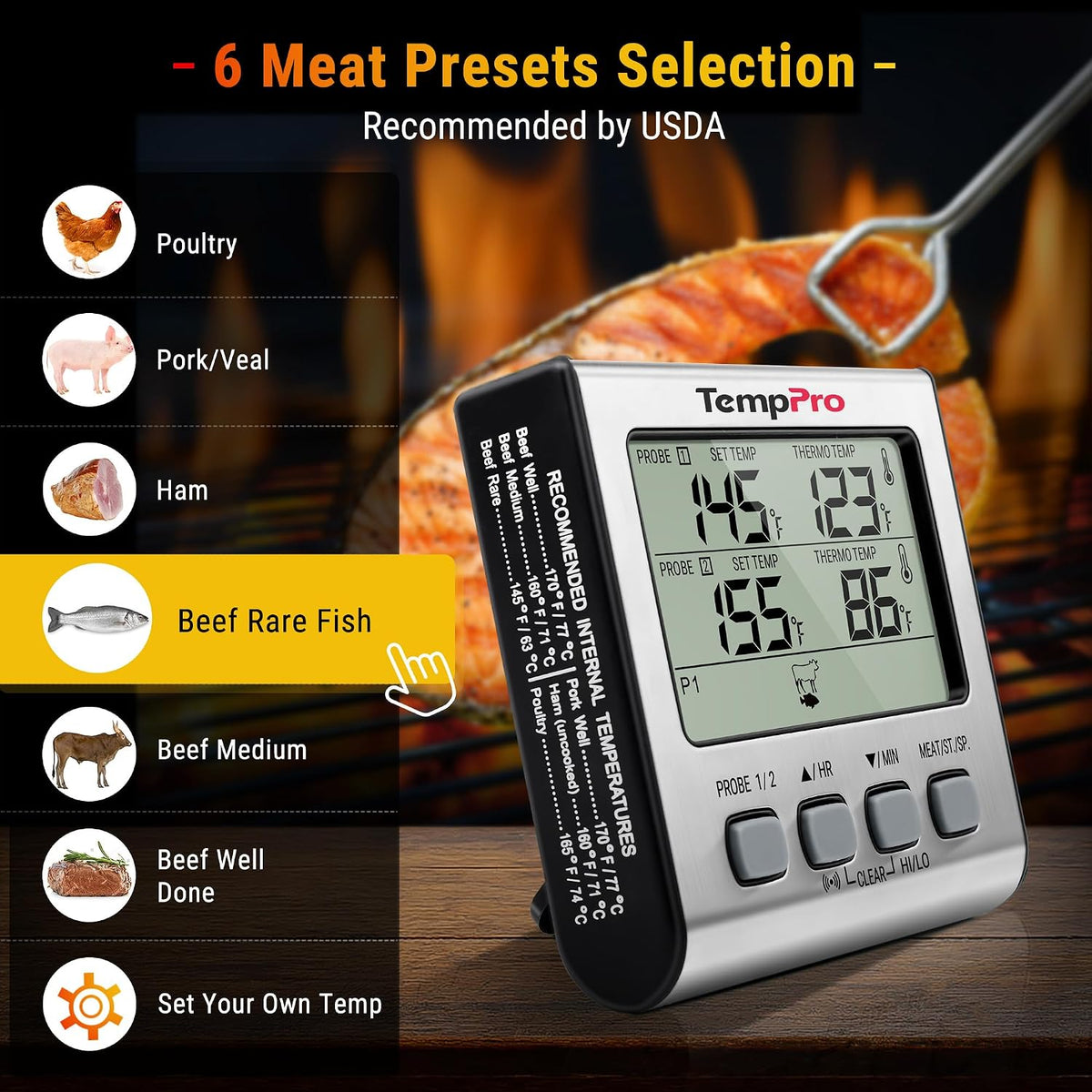 TempPro TempTrack Termómetro digital para cocinar carne con sonda d...