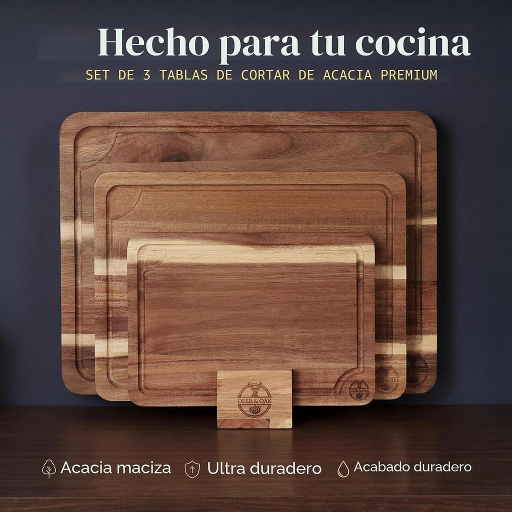 Deer &amp; Oak Juego de tablas de cortar de acacia de 3 piezas no t...
