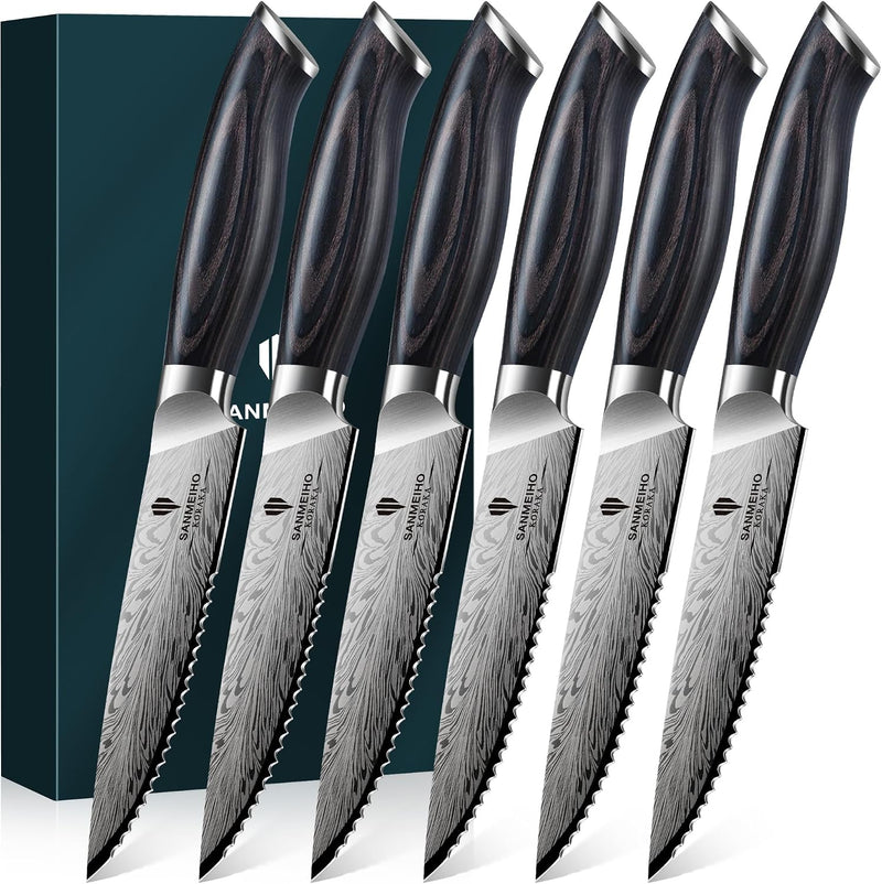 SANMEIHO Juego de 6 cuchillos para carne, ultra afilados de acero e...