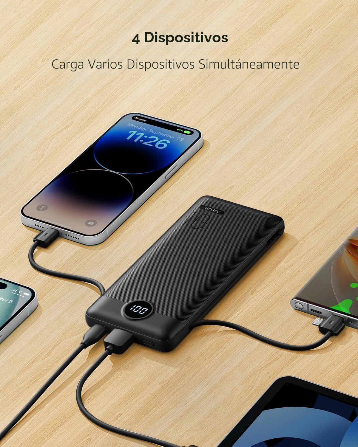 VRURC Cargador portátil, cables integrados en el banco de energía y...