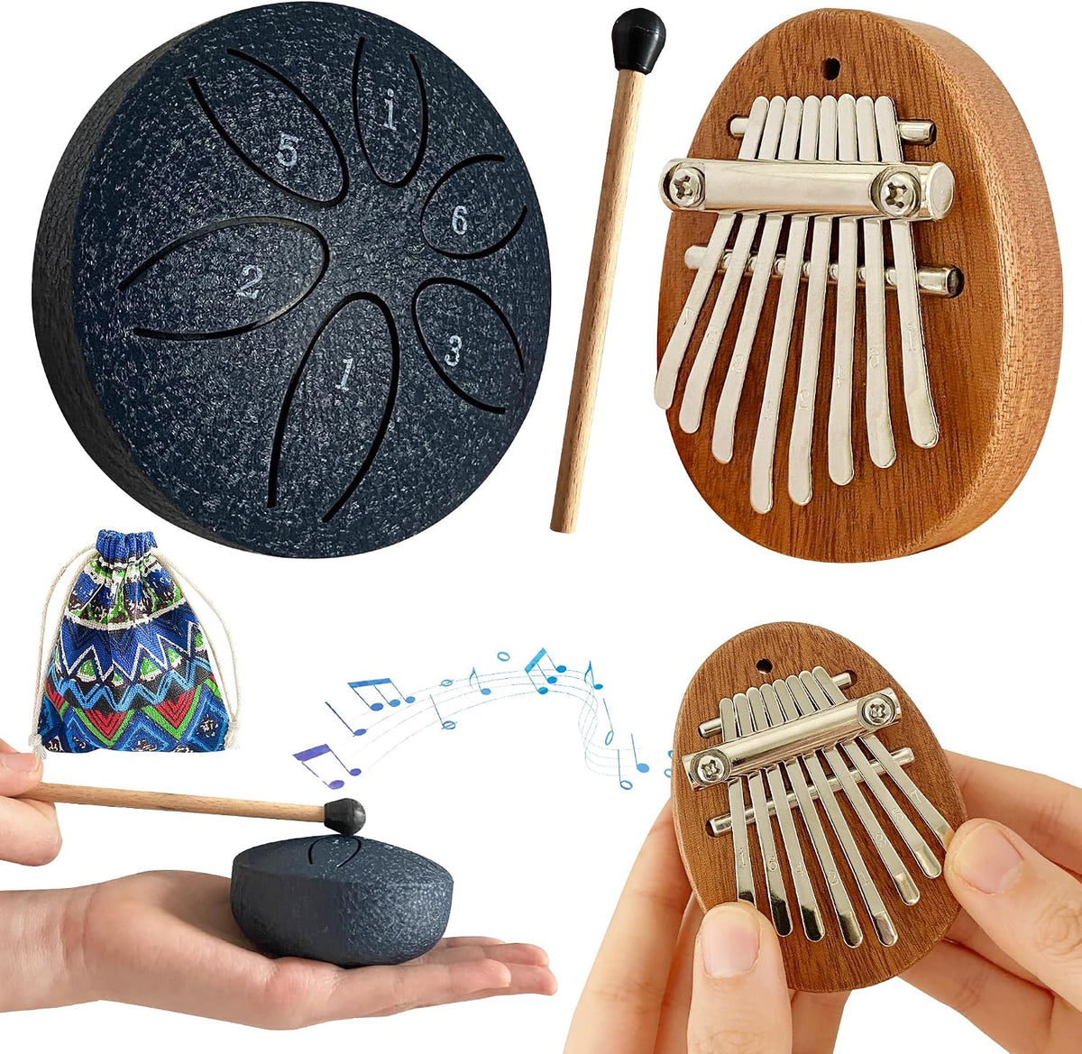 Jongdari Mini tambor de lluvia y piano de pulgar Kalimba, 2 mini in...