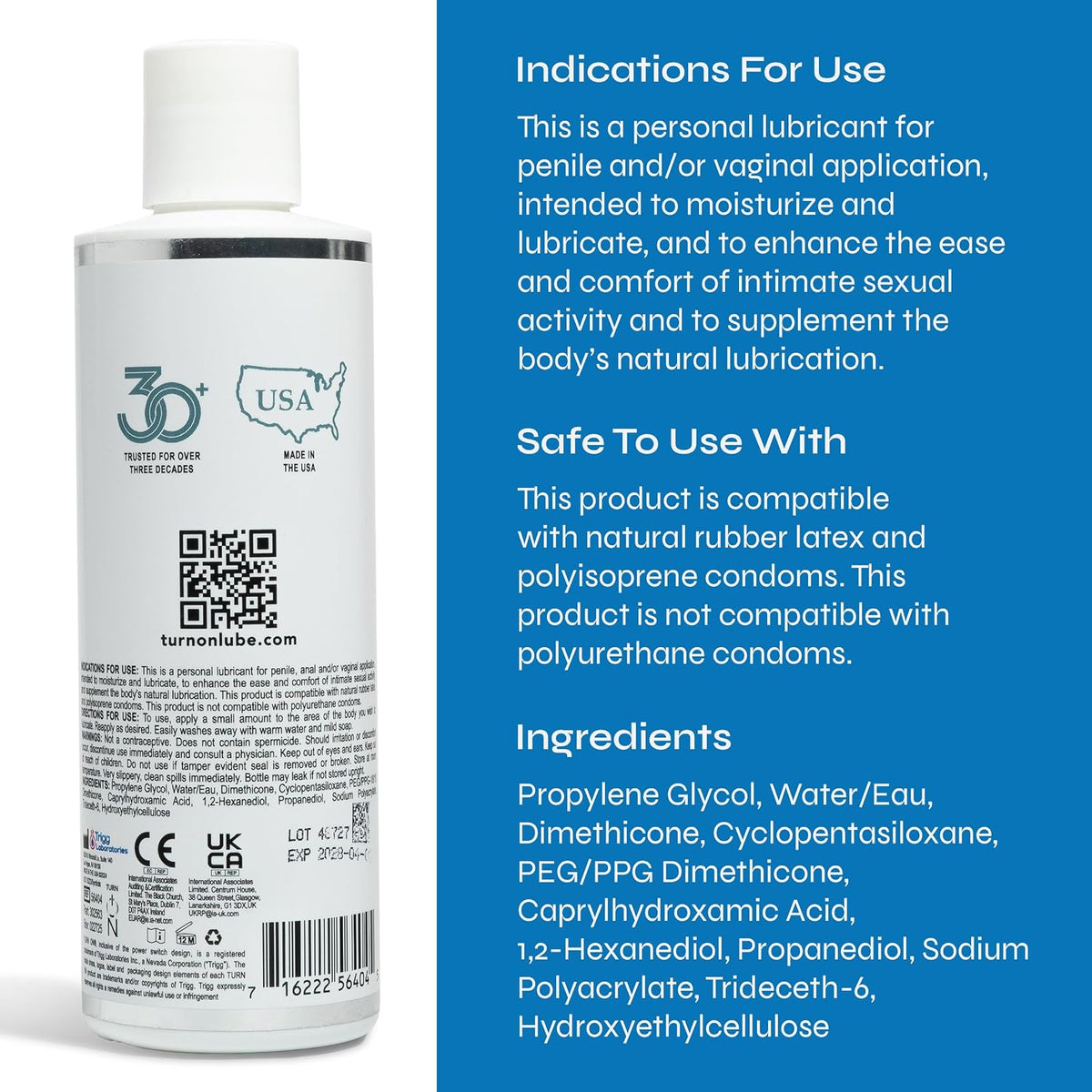 Turn On - Lubricante híbrido, mezcla de agua y silicona, deslizamie...