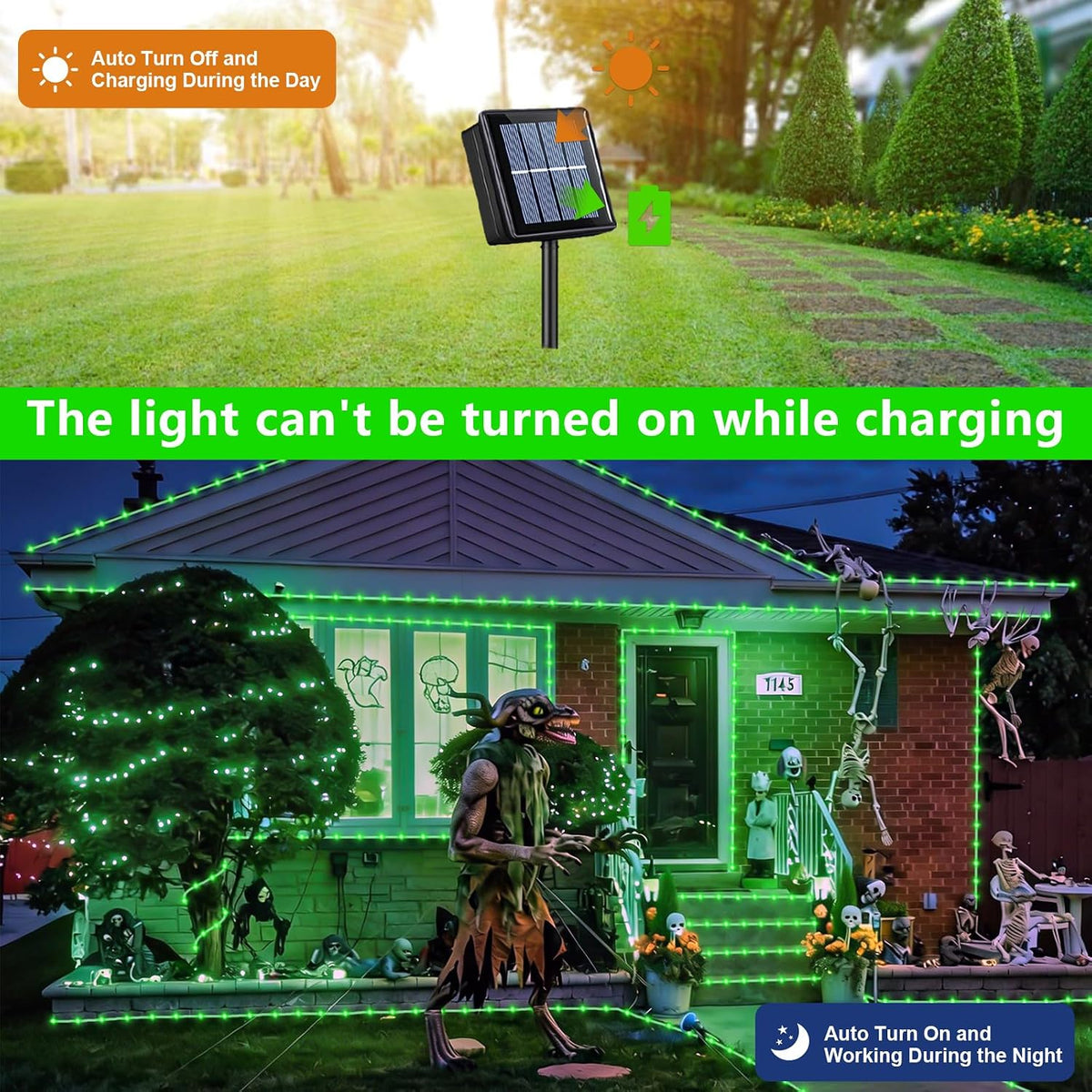 QITONG Luces solares verdes de Halloween, 66 pies, 200 luces LED so...