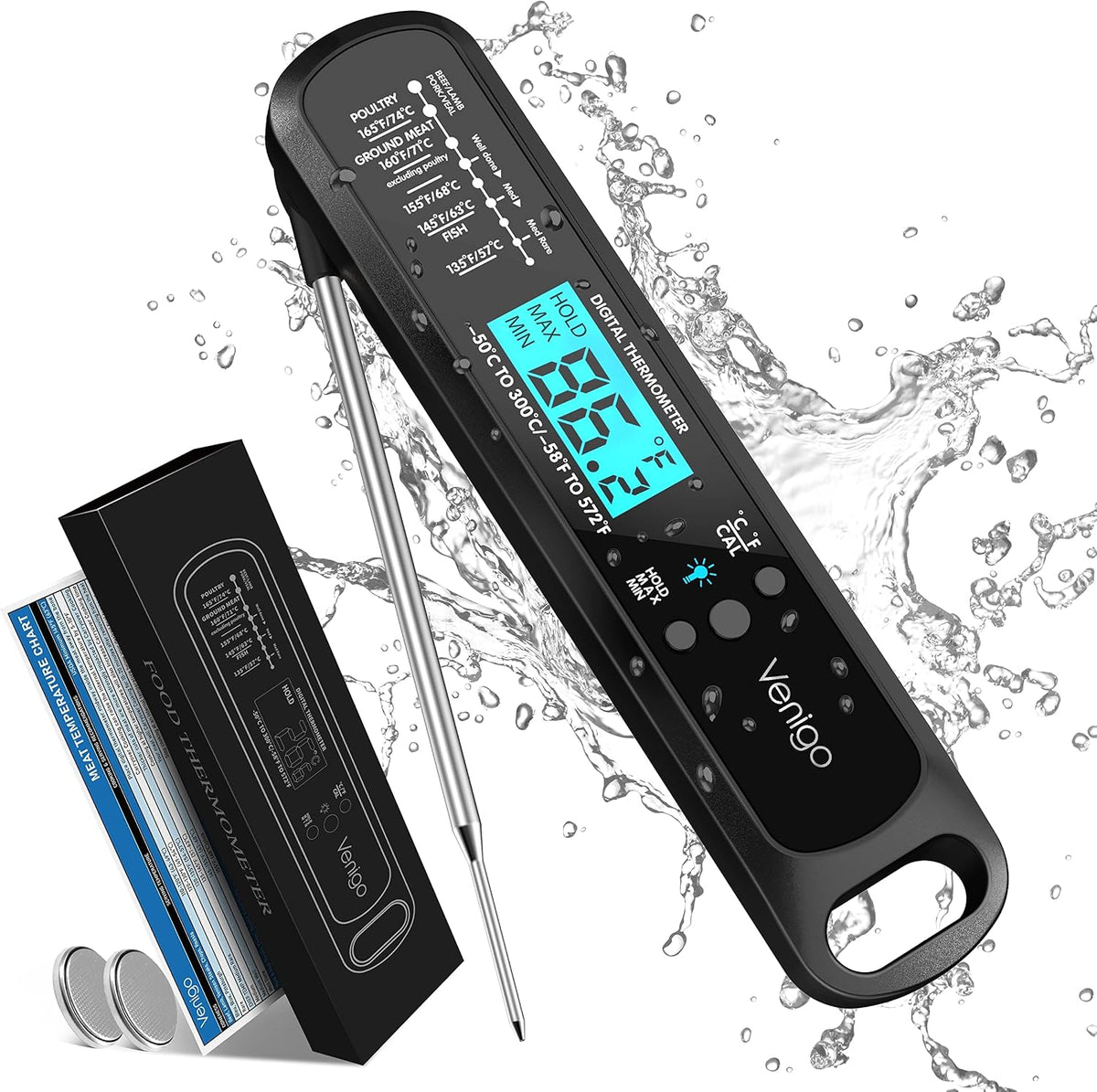 Venigo Termómetro digital para carne y alimentos para cocinar y asa...