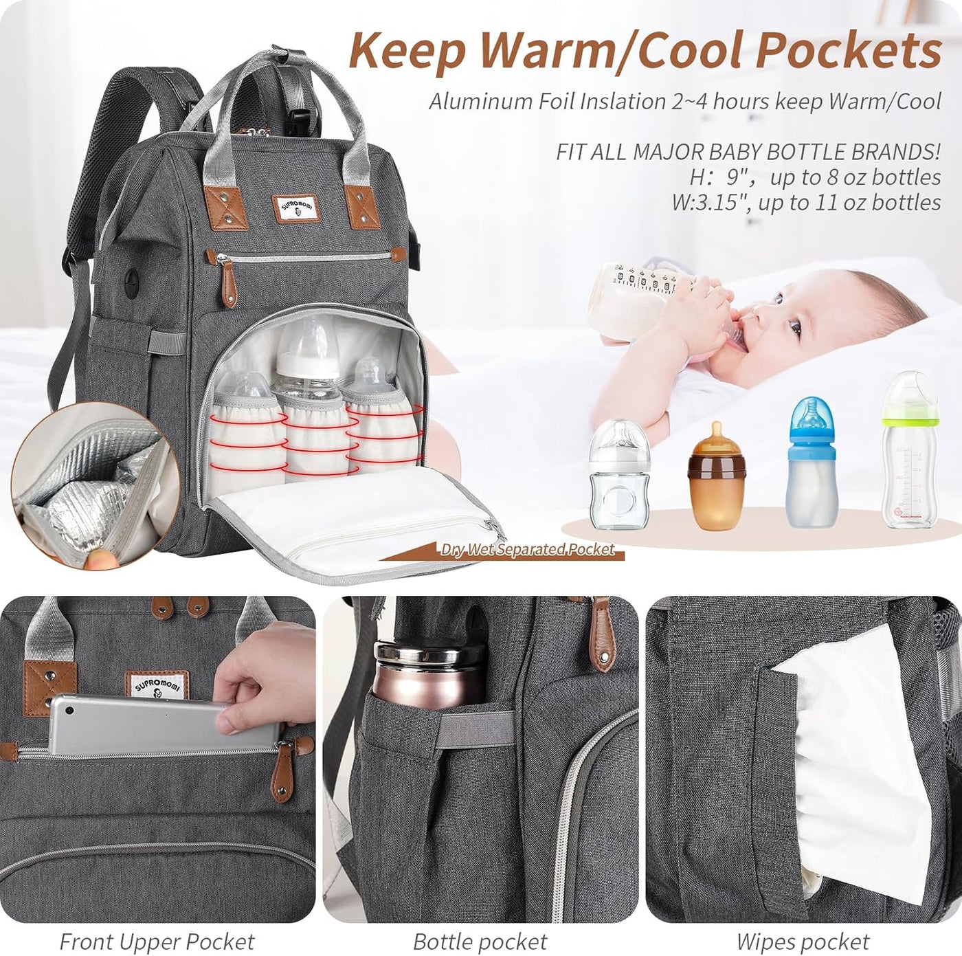 SUPROMOMI Mochila para Pañales: Bolsa de Bebé Tote Grande para Niño...