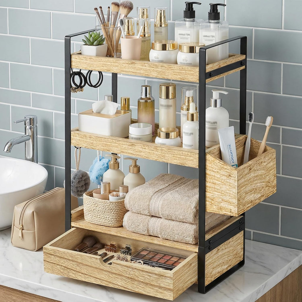 Organizador de encimera de baño de 3 niveles con cesta de cajón y g...