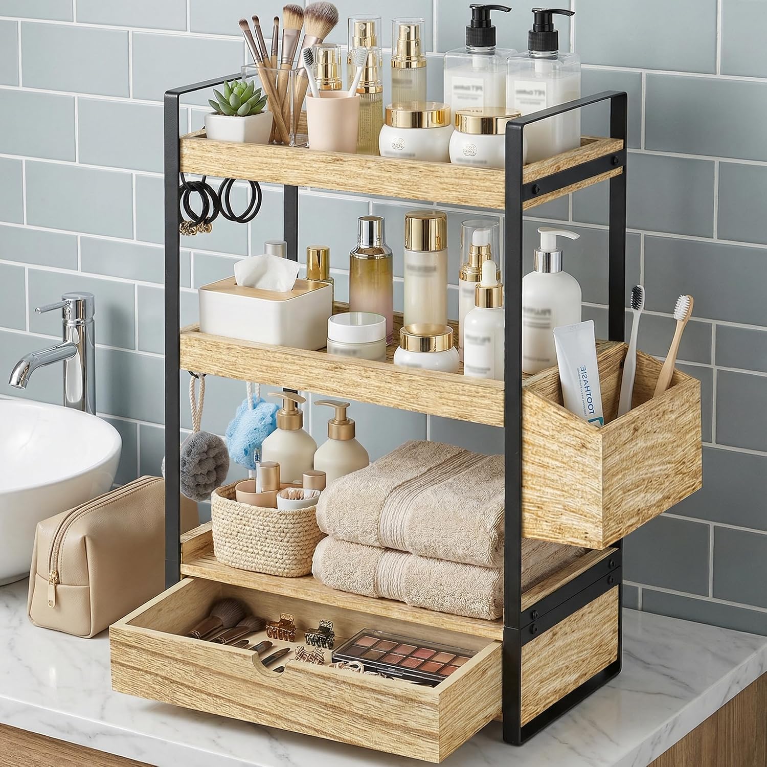 Organizador de encimera de baño de 3 niveles con cesta de cajón y g...
