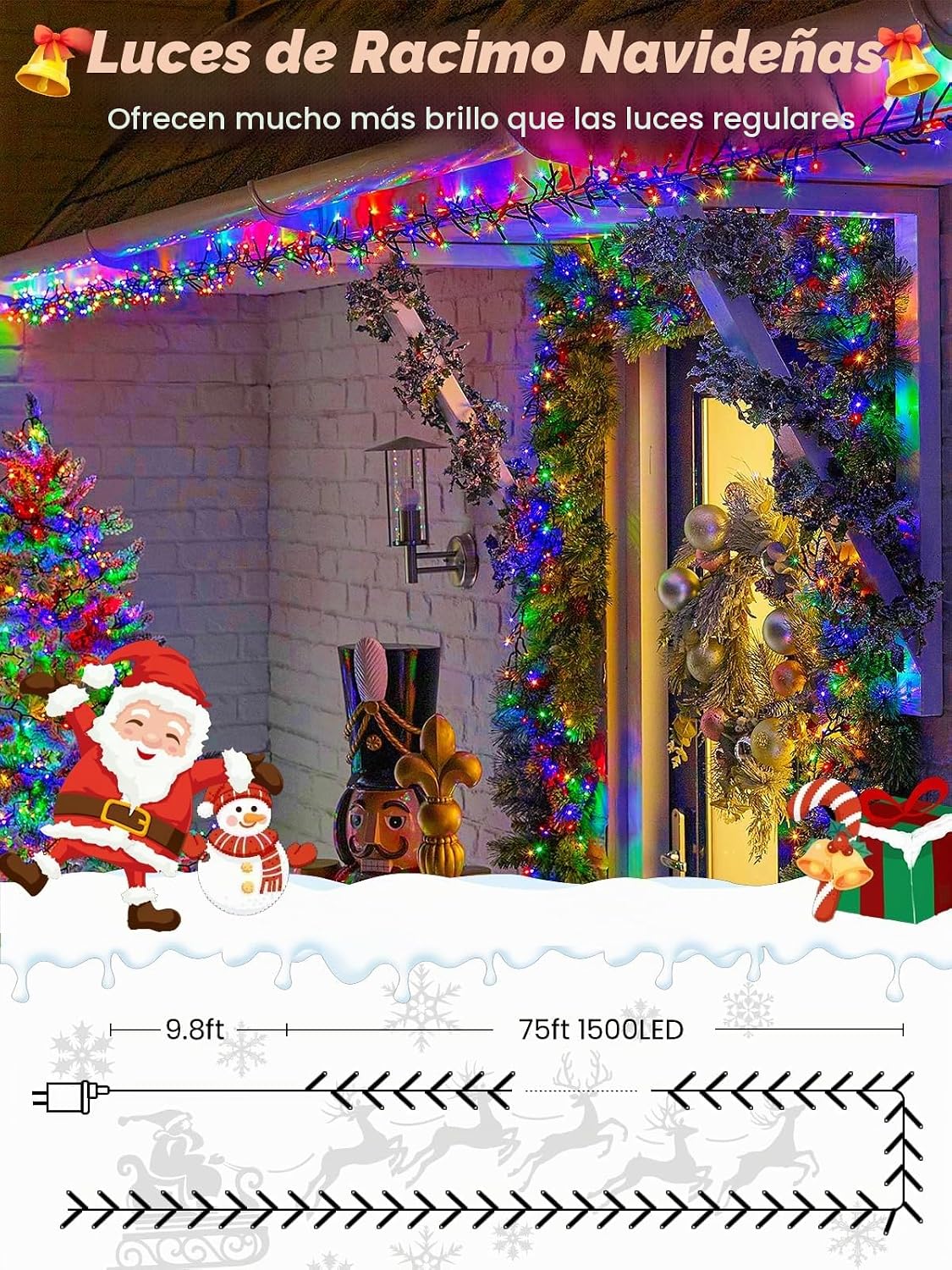 Luces de racimo de Navidad de 75 pies, 1500 luces LED con control r...