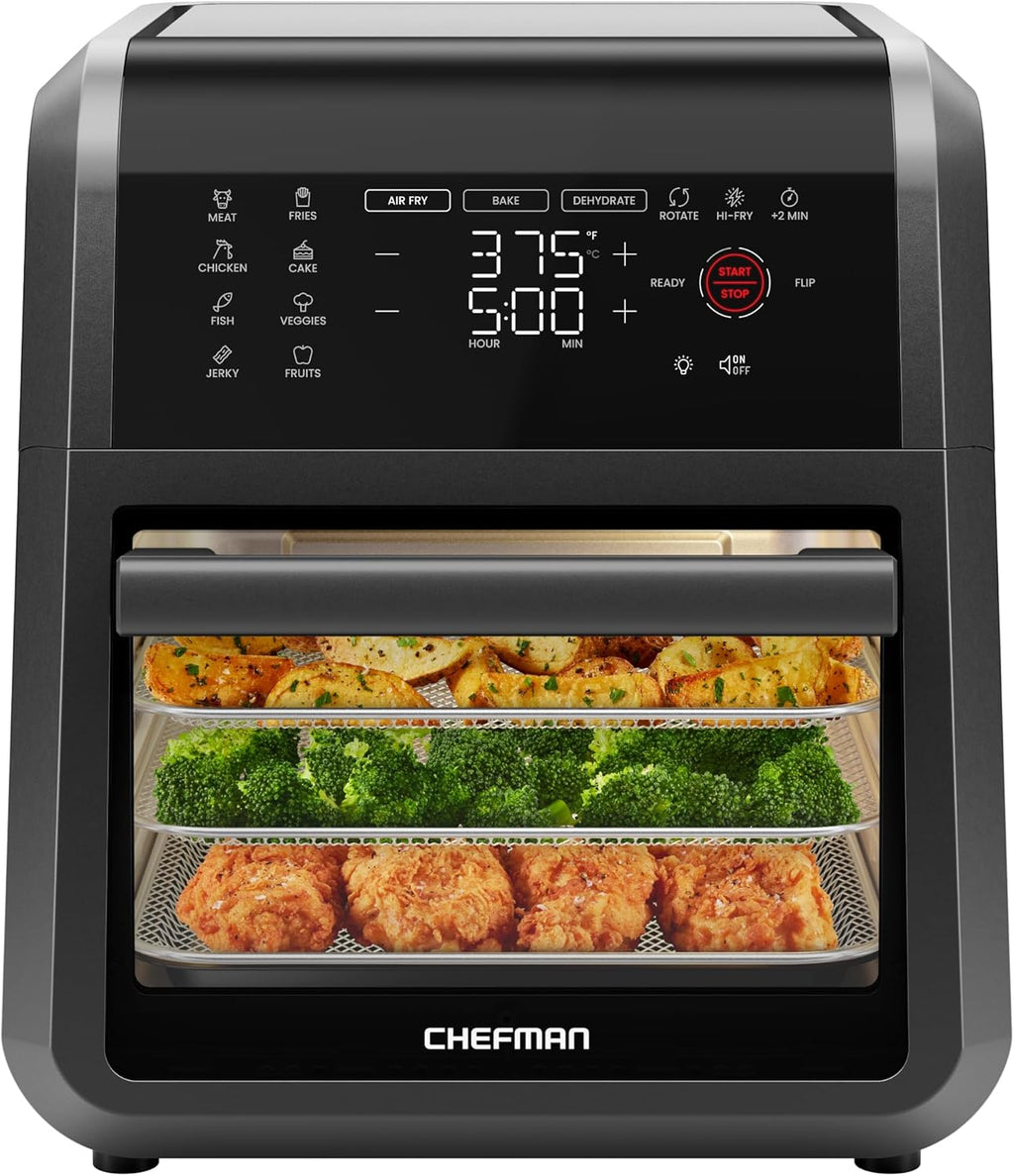 Chefman Horno freidora de aire 5 en 1 de 12 cuartos de galón con temporizador digital, pantalla táctil y 12 ajustes preestablecidos, horno de convección de encimera de tamaño familiar