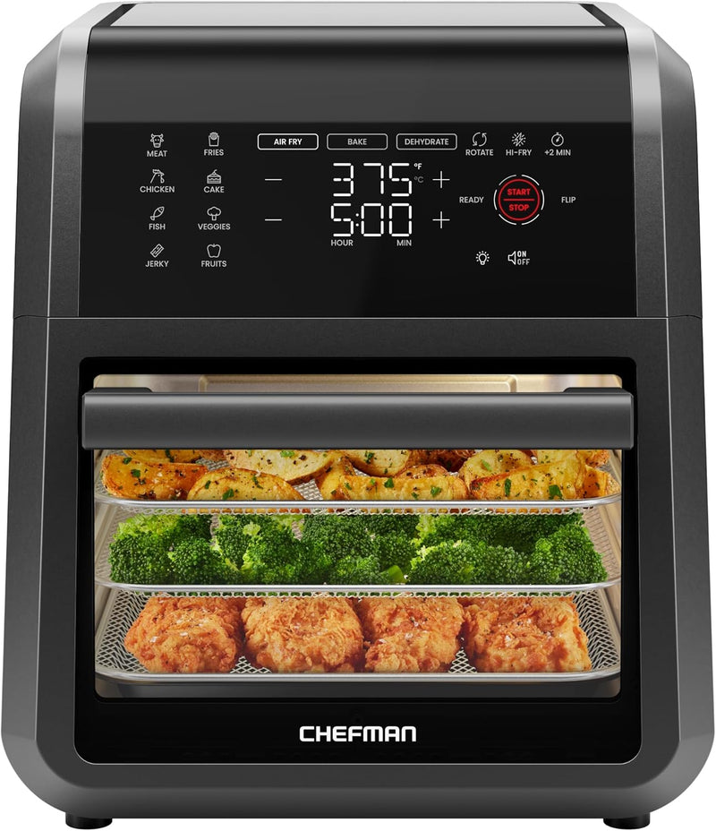 Chefman Horno freidora de aire 5 en 1 de 12 cuartos de galón con temporizador digital, pantalla táctil y 12 ajustes preestablecidos, horno de convección de encimera de tamaño familiar