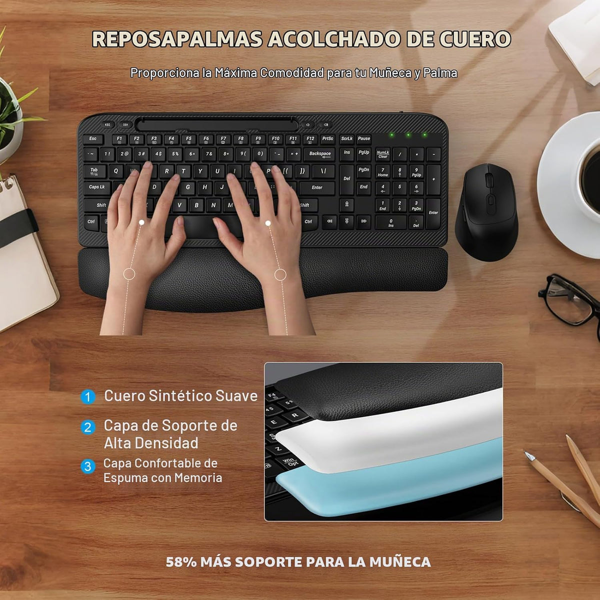 Juego de teclado y mouse inalámbrico, teclas de onda de tamaño comp...