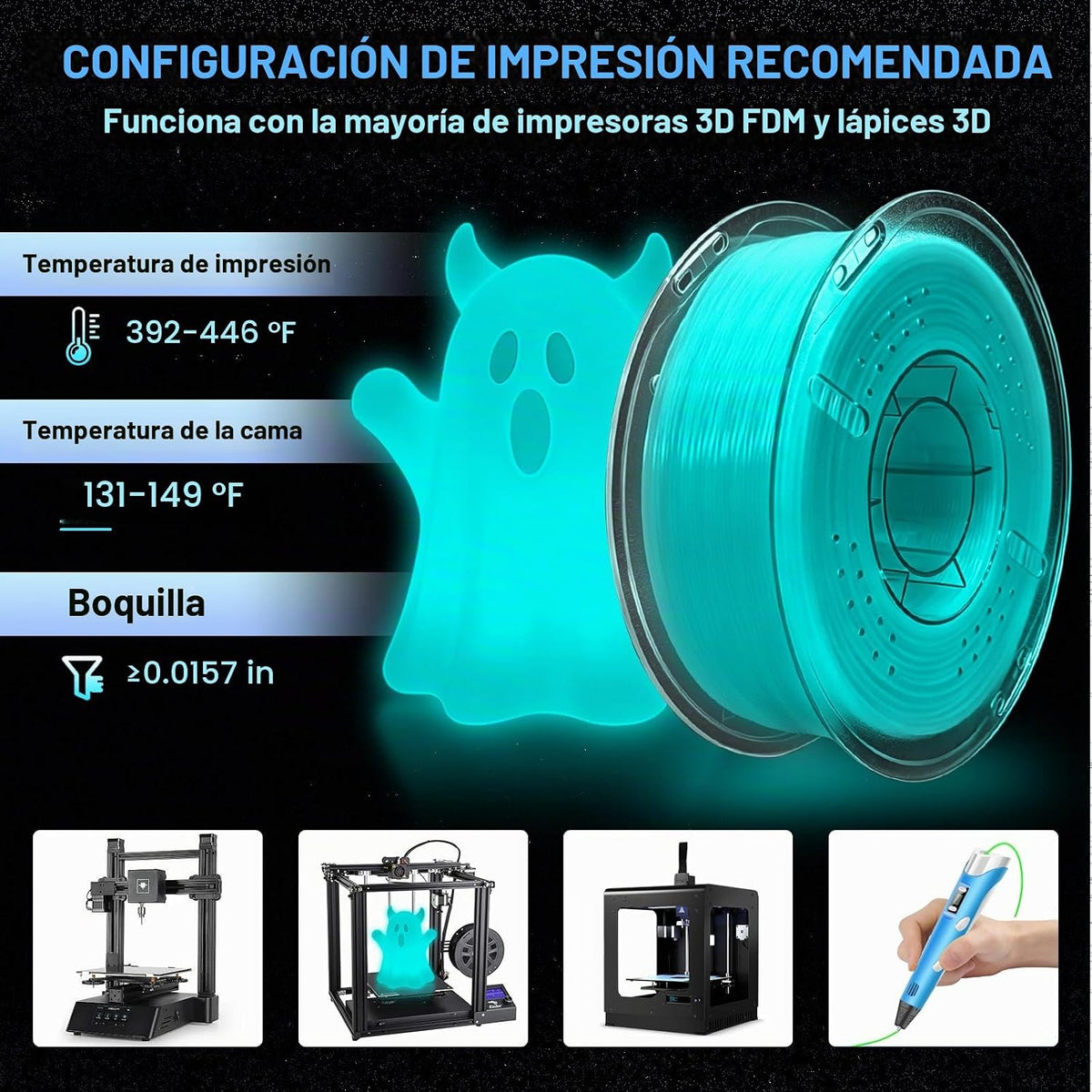 Frucindra Filamento de impresora 3D PLA+ que brilla en la oscuridad...