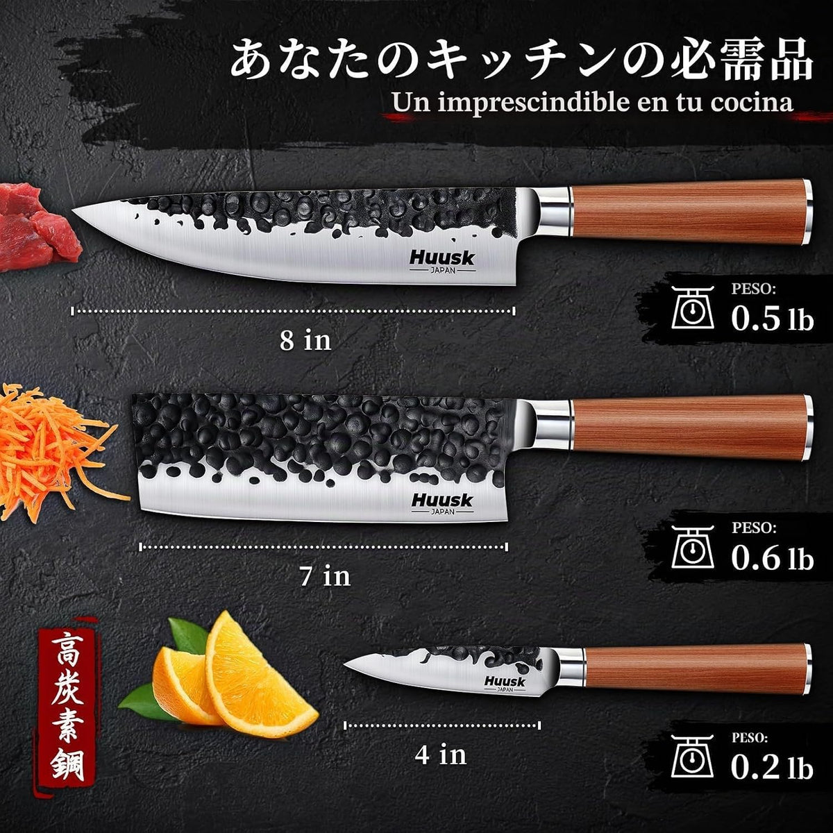 Huusk Juego de 3 cuchillos de cocina japoneses, juego de cuchillos...