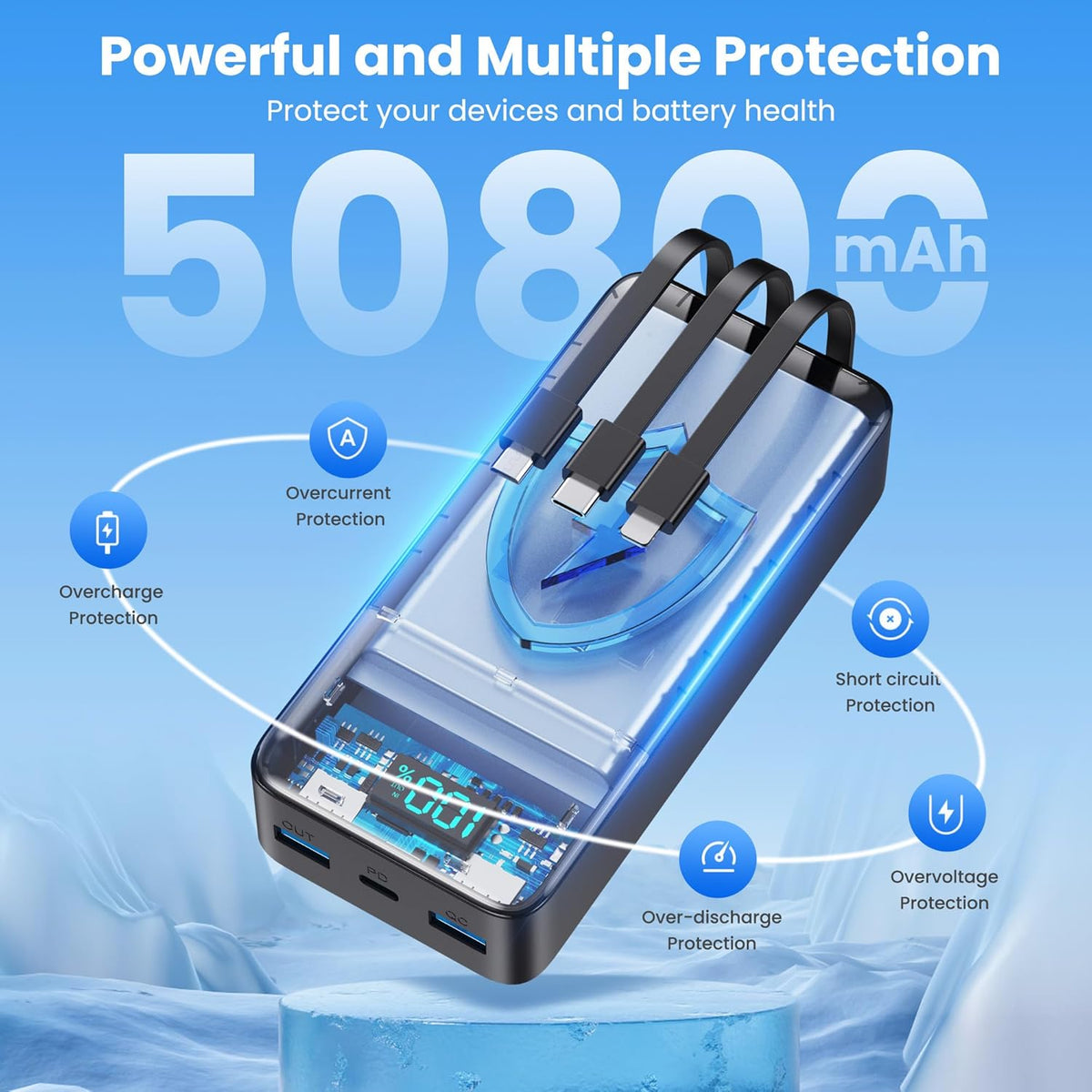 Cargador portátil de 50800 mAh con 3 cables integrados, 25 W PD QC4...