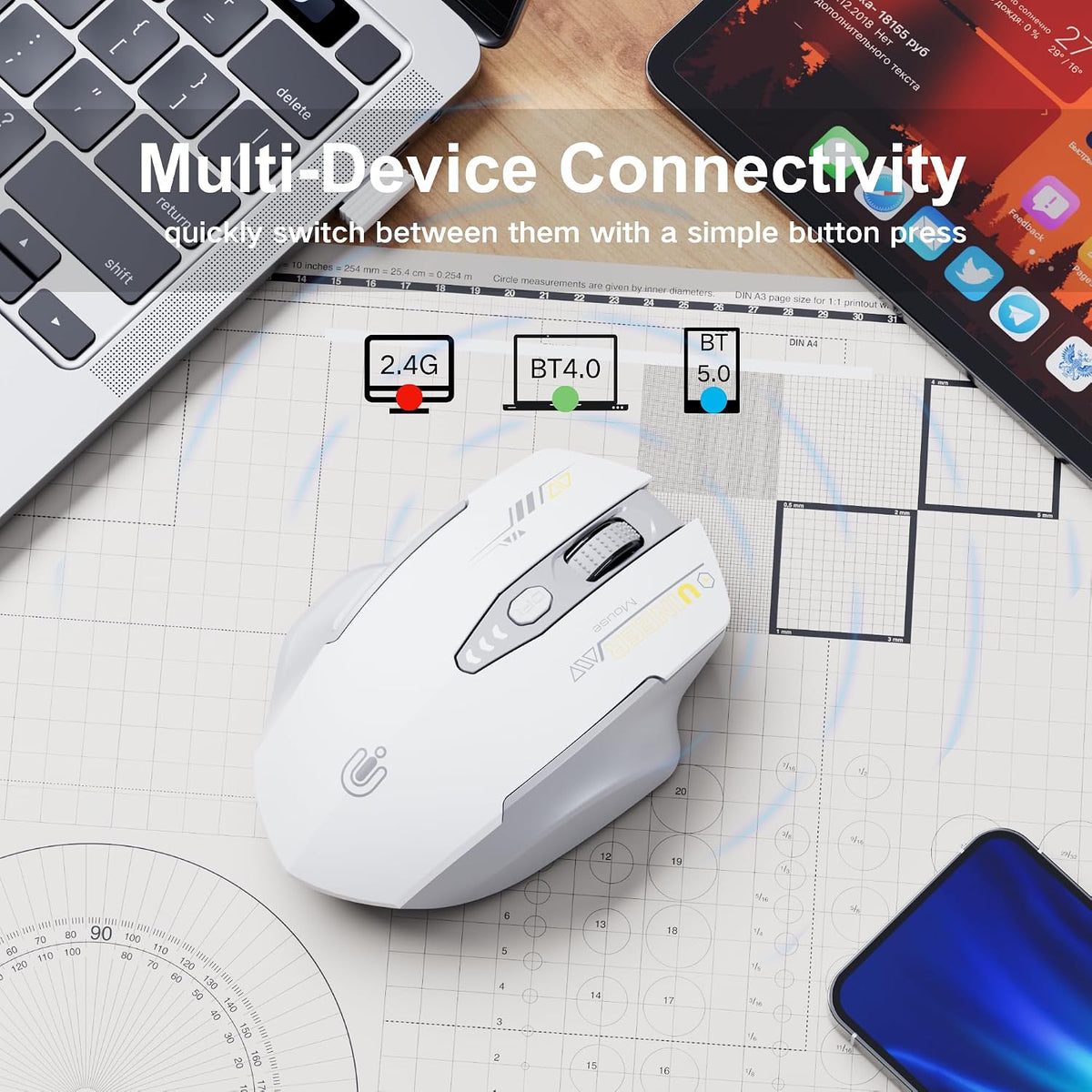 Uineer Ratón Bluetooth, inalámbrico trimodo, recargable, interrupto...