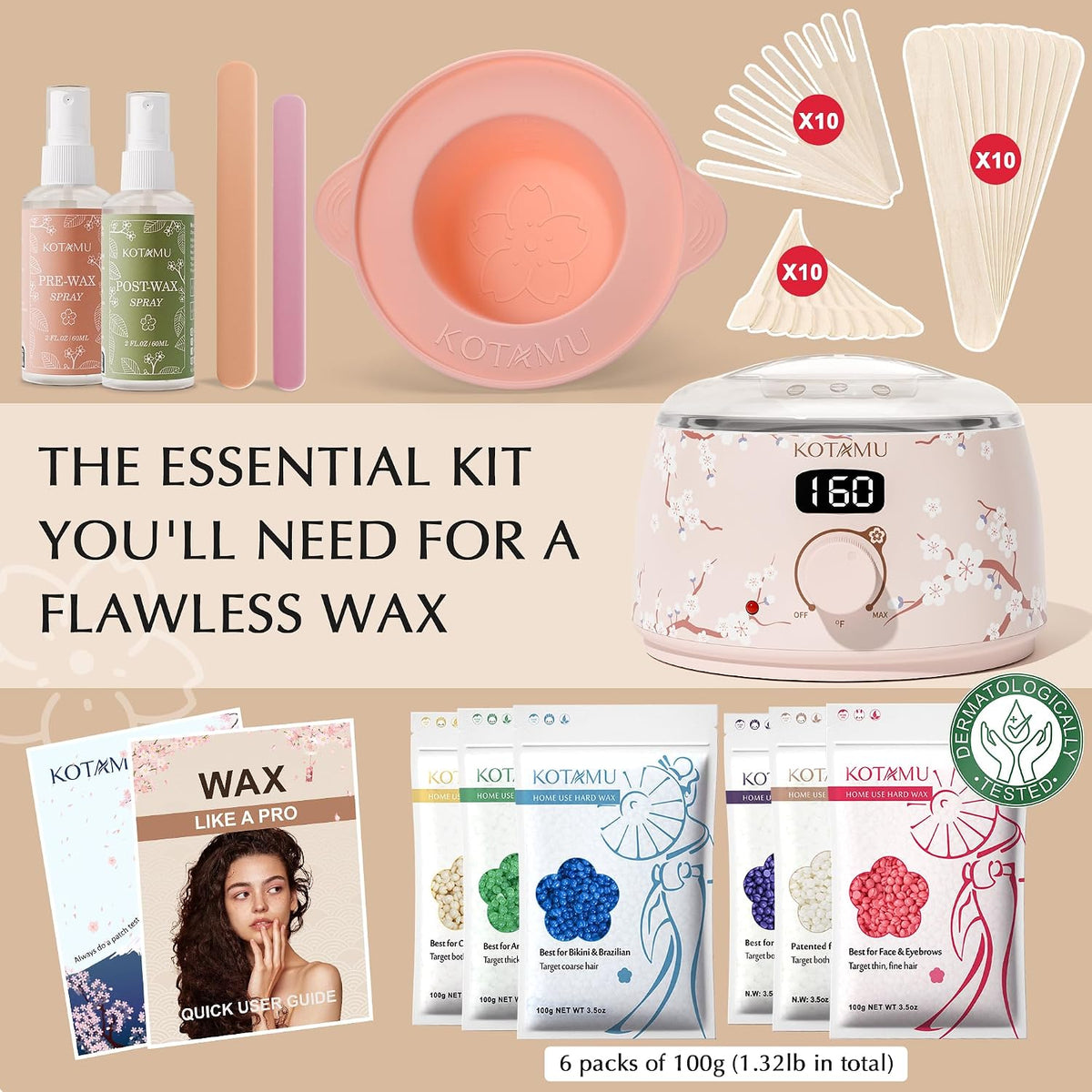 KOTAMU Kit de depilación para mujeres y hombres, calentador de cera...