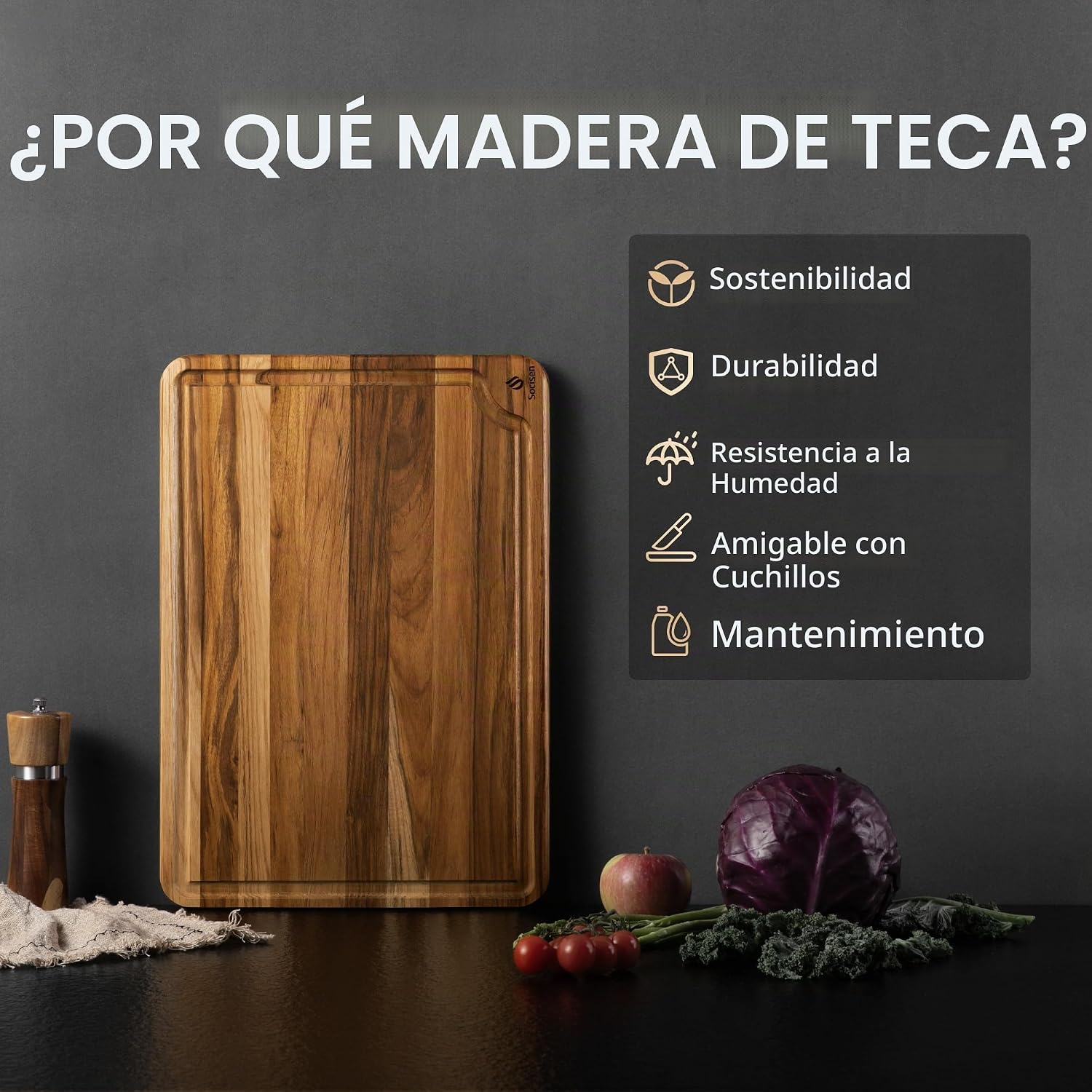 Tabla de cortar de madera de teca de 17 pulgadas, tabla de cortar d...