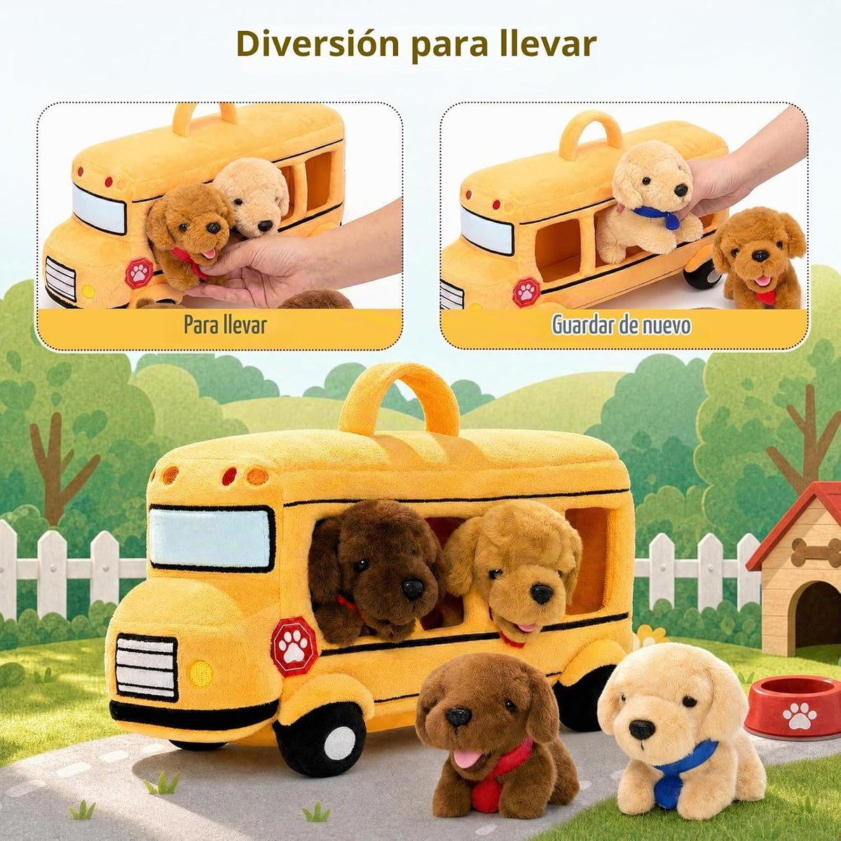 OUOZZZ Juego de animales de peluche para perros con autobús escolar...