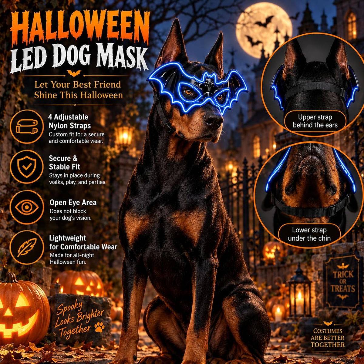 LIBRNTY Máscara de perro estilo murciélago,Máscara iluminada LED,Má...
