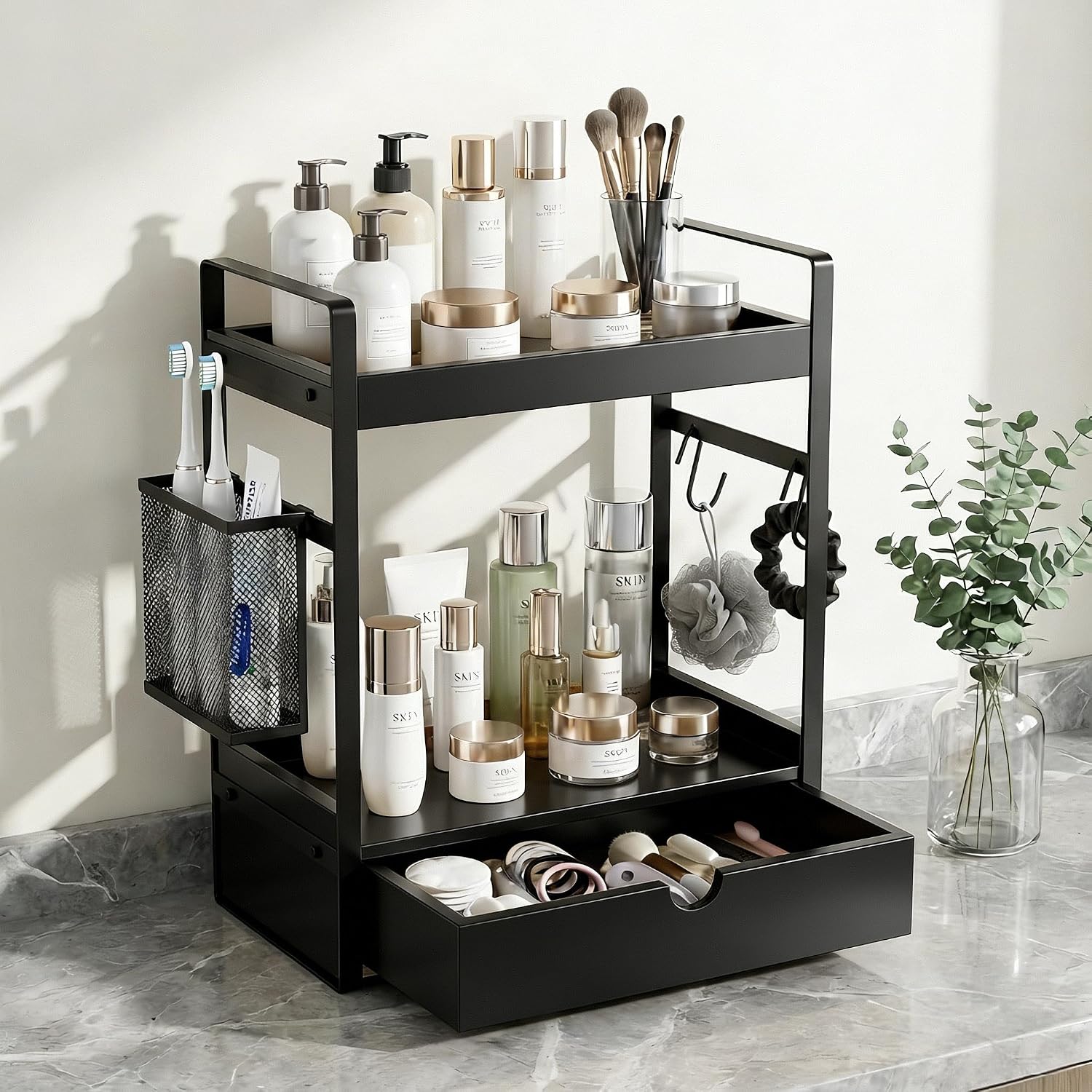 Organizador de encimera de baño de 2 niveles con cesta de cajón y g...