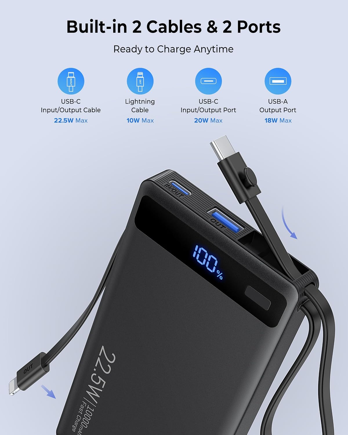 Cargador portátil 10000mAh incorporado 2 cables, 22.5W PD 40% más d...