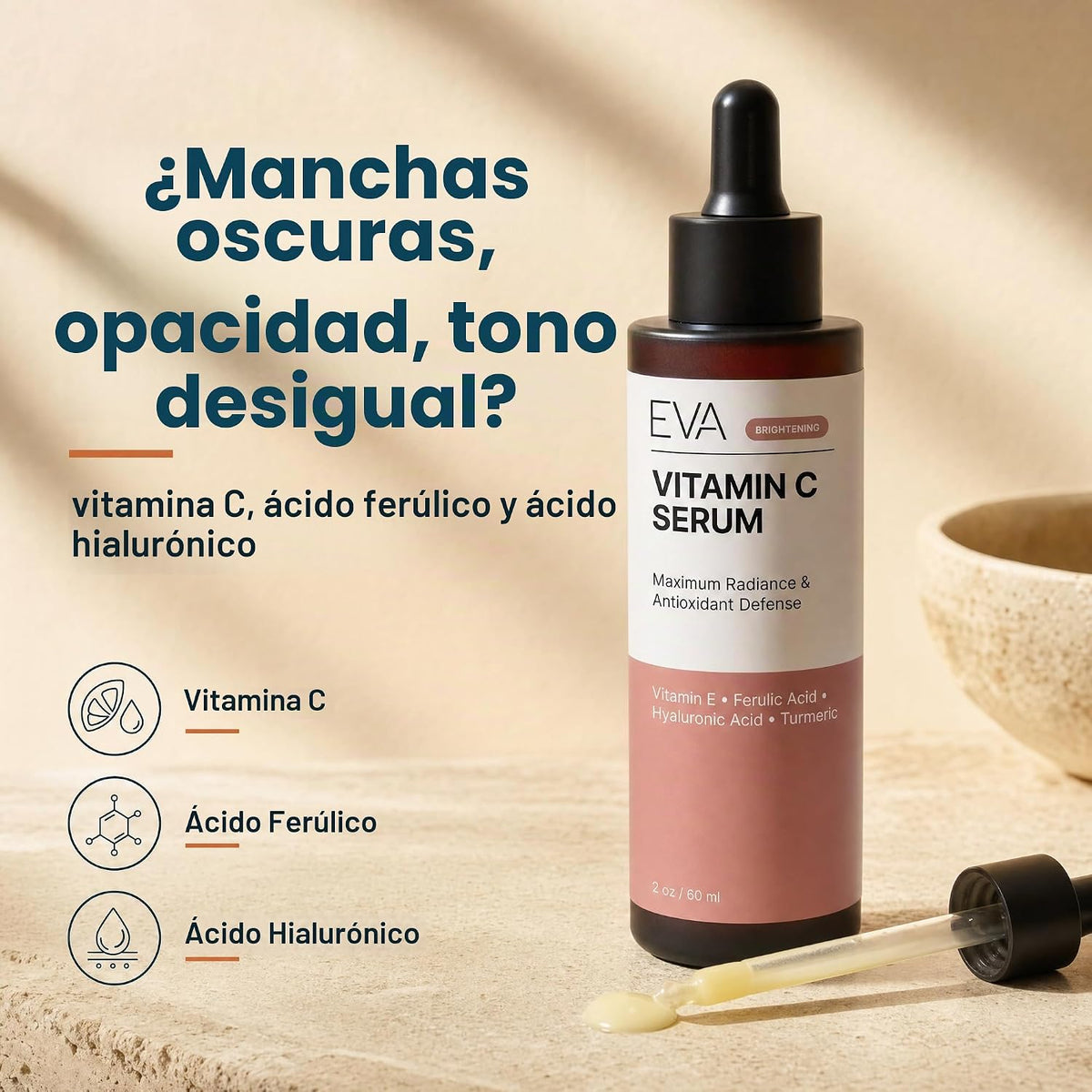 Eva Naturals Suero de vitamina C para cara, 20% de vitamina C, ácid...