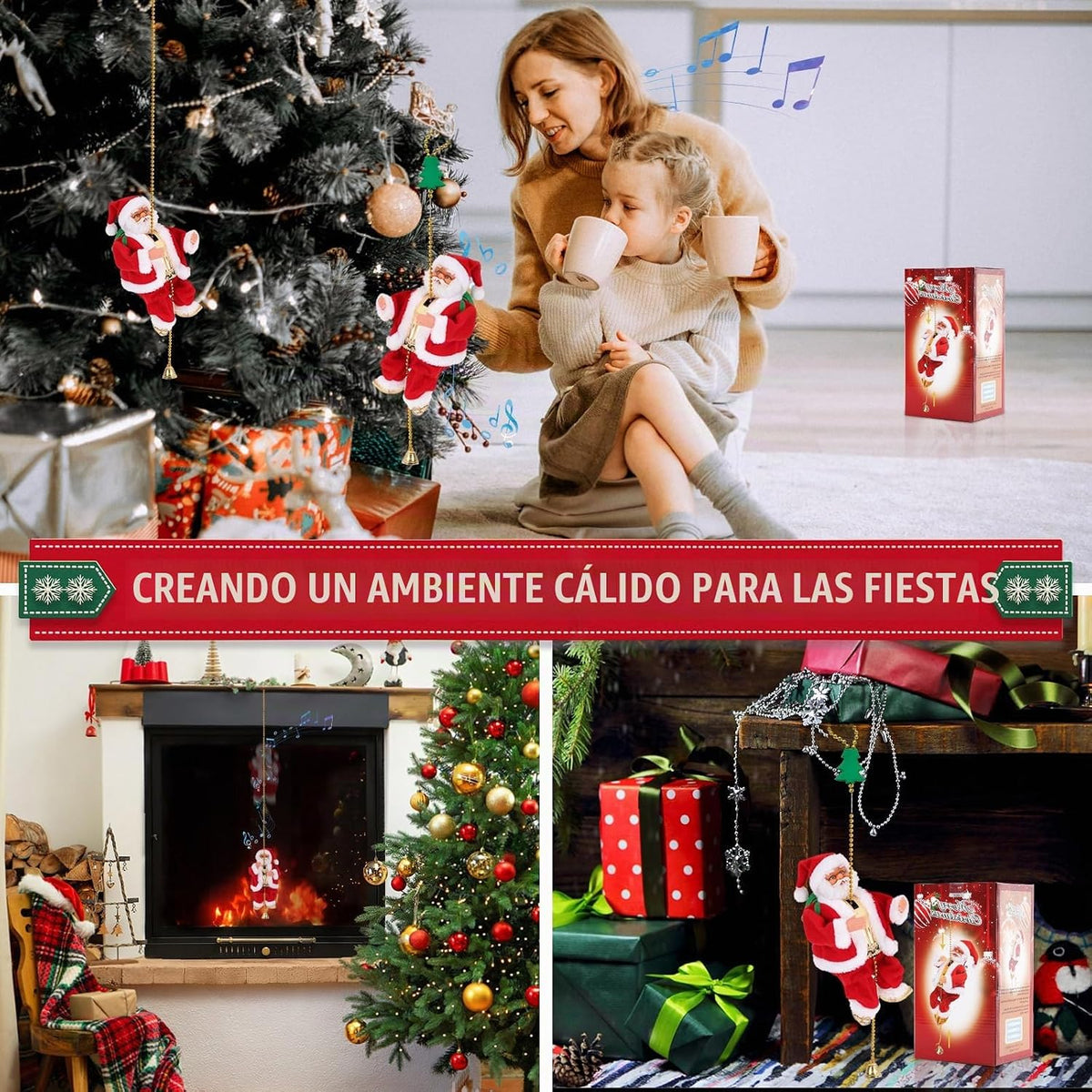 Gfilay Papá Noel trepador de 3 modos en cuerda, decoración musical...