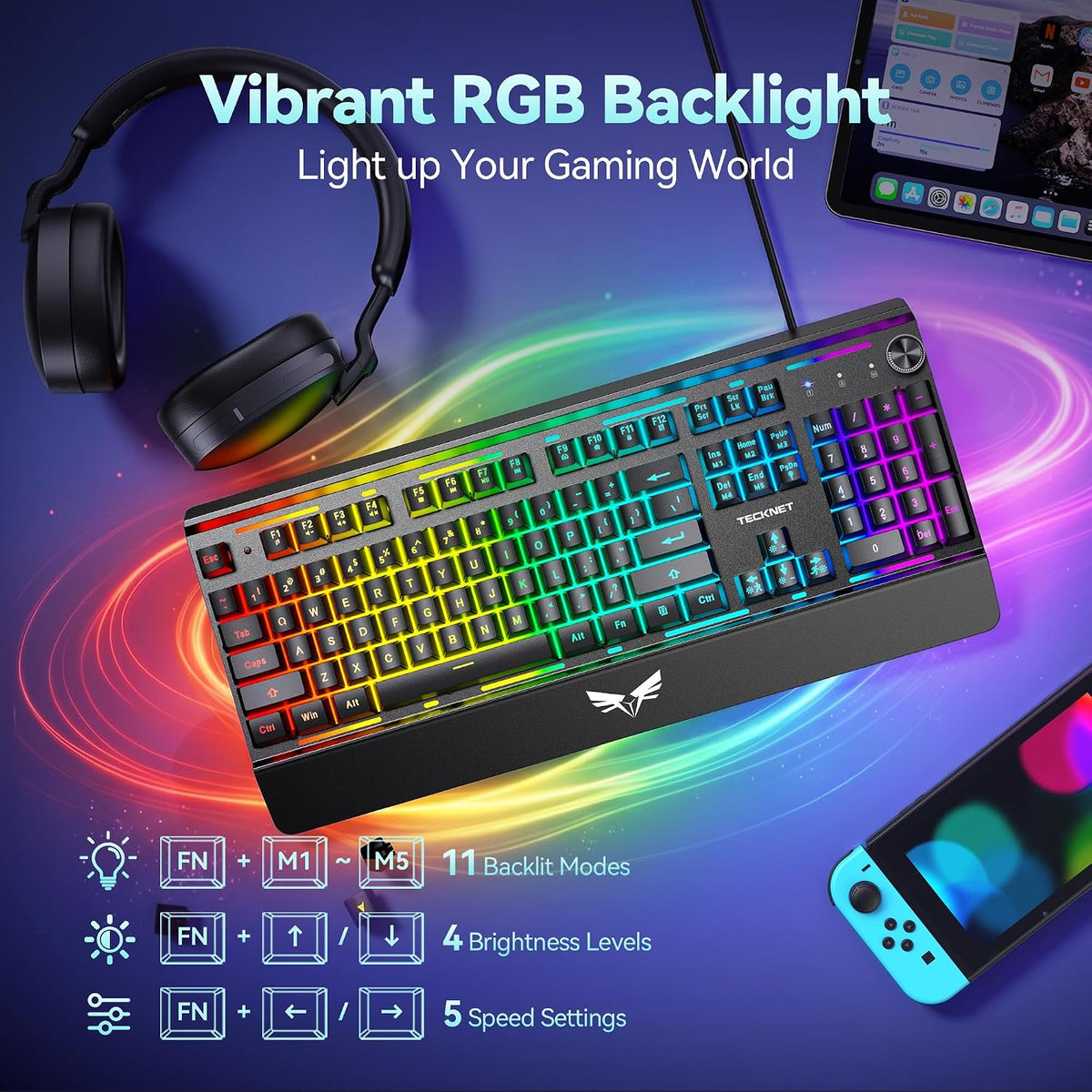 TECKNET Teclado para juegos con cable, teclado RGB de panel metálic...