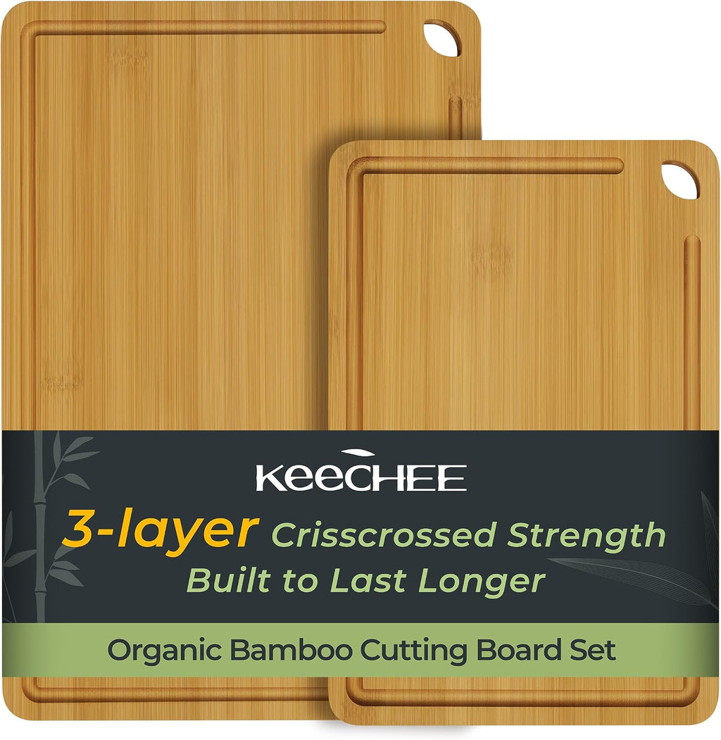 Keechee Tabla de cortar 2 piezas de bambú natural con canales de ju...