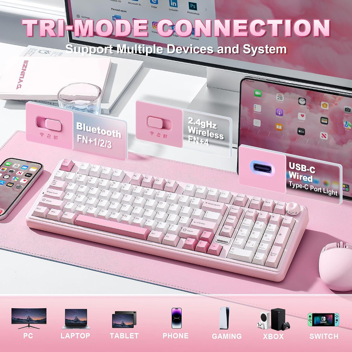 YUNZII Teclado mecánico inalámbrico B98 PRO 96% (rosa, interruptor...