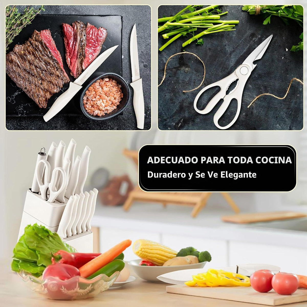 E-far - Juego de cuchillos con bloque, 15 piezas, juego de cuchillo...