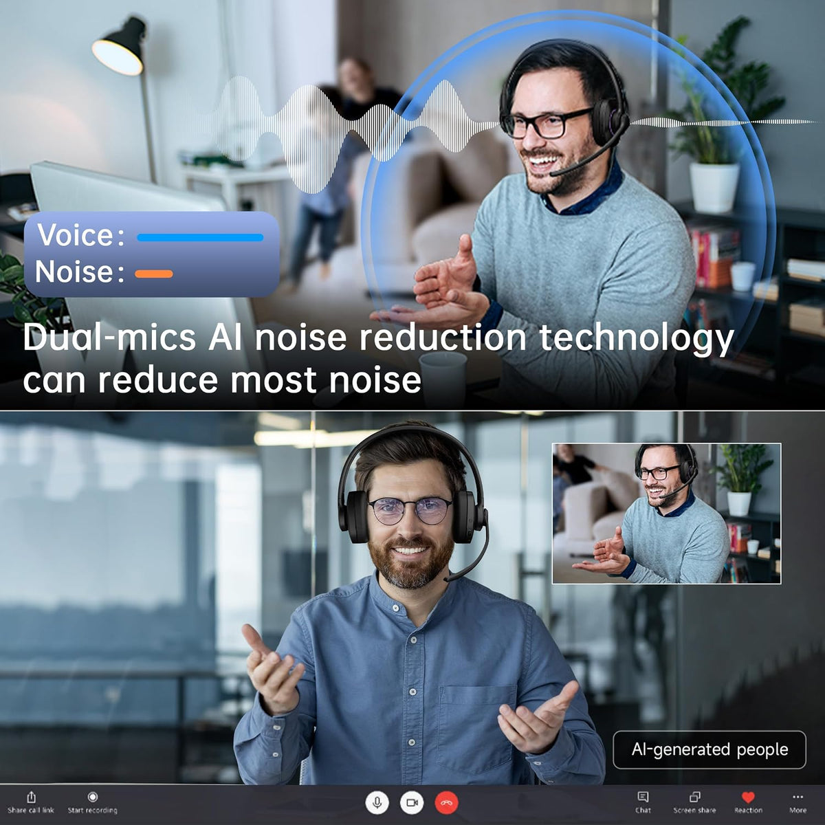 AOC Auriculares inalámbricos con micrófono para trabajo, cancelació...