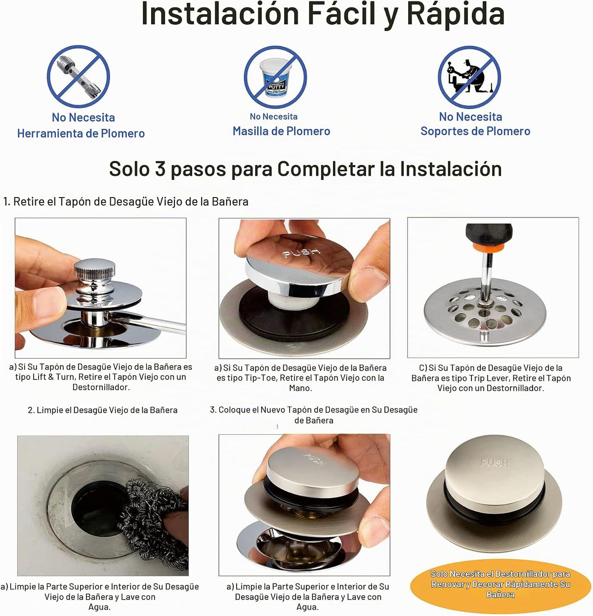 Artiwell Tapón Universal de Drenaje de Baño Tip Toe y Cubierta, Tap...