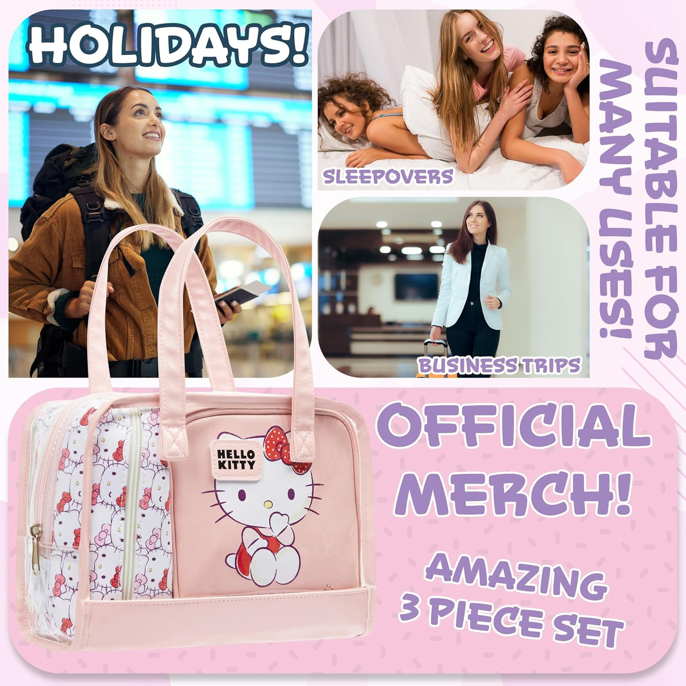 Set de bolsa de aseo y maquillaje Hello Kitty de 3 piezas para muje...