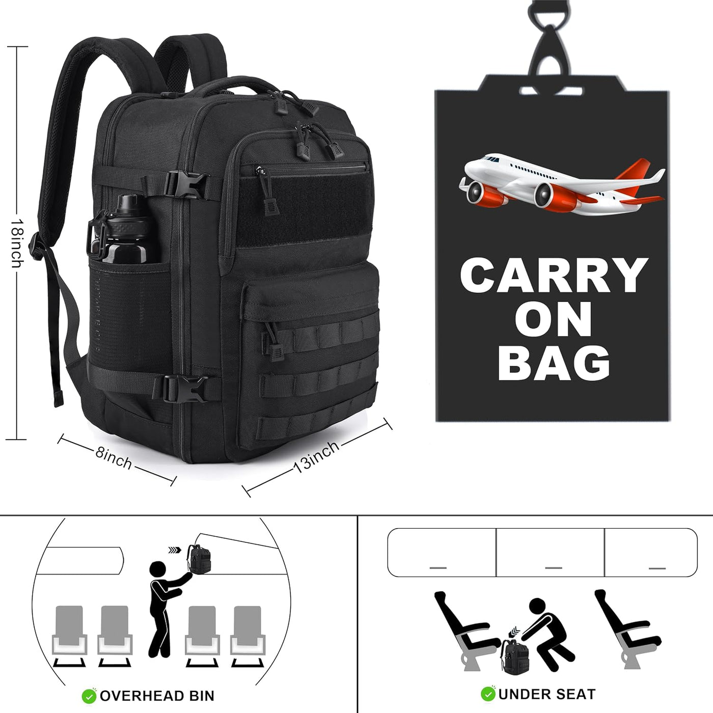 MOZETO Mochila de mano aprobada por la TSA, mochila de viaje táctic...