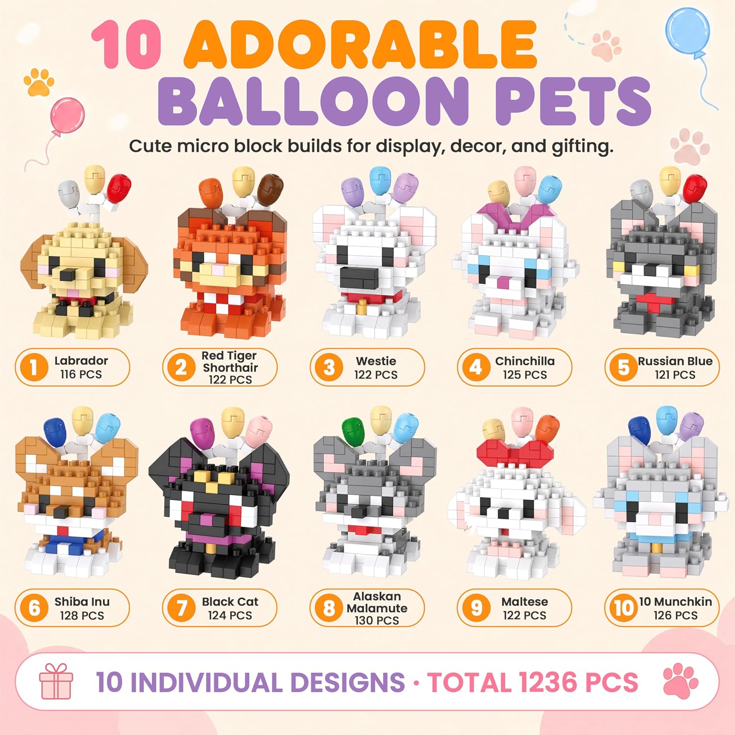 IBLOTIME Juego de 10 globos para perros y gatos, mini bloques de co...